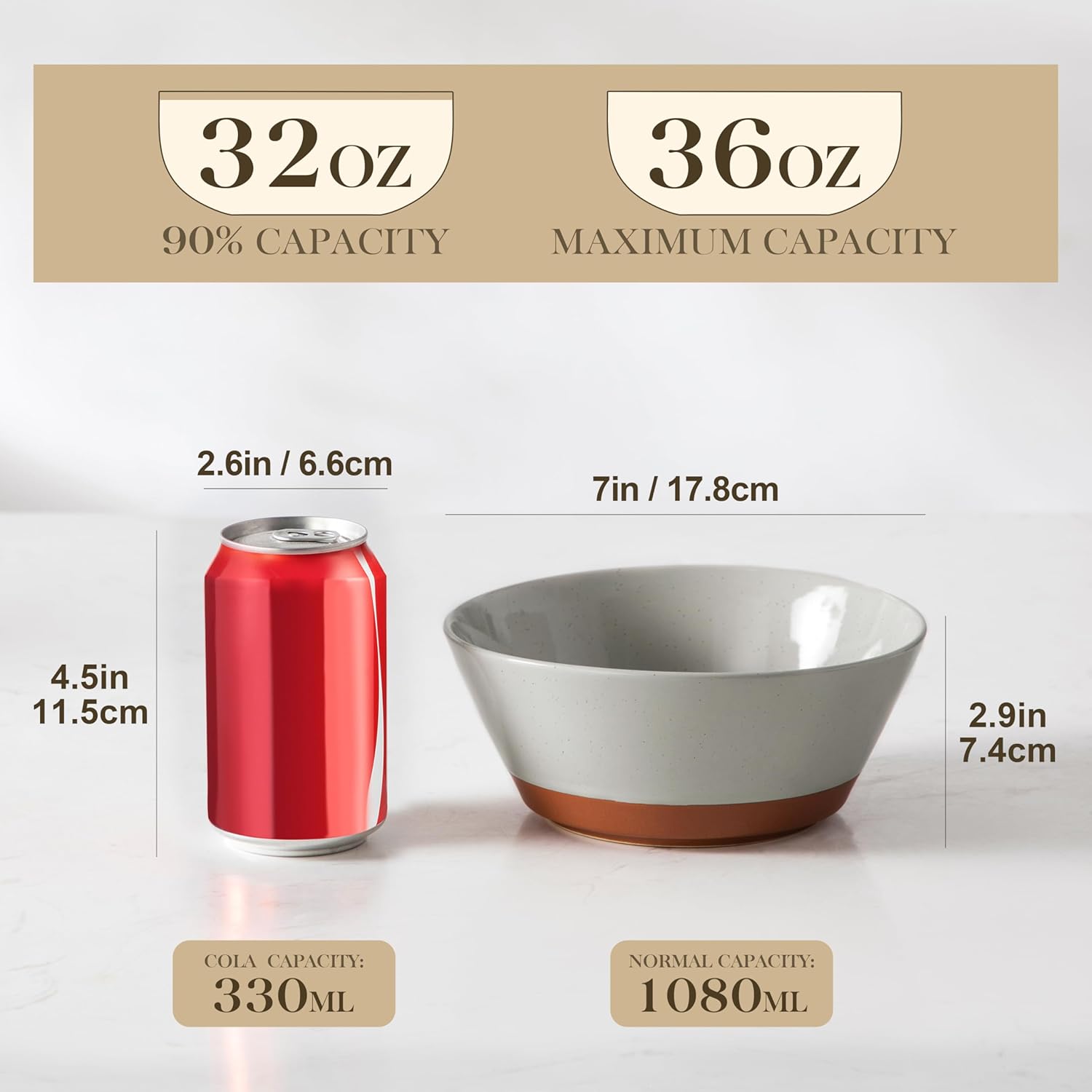 MALACASA Soup Bowls, Ceramic Salad Bowls Set of 4, 36oz Ceramic Bowls for Ramen, Cereal, Fruit and Pho, Microwave & Dishwasher Safe, Speckled Deep Bowls, Grey & Brown