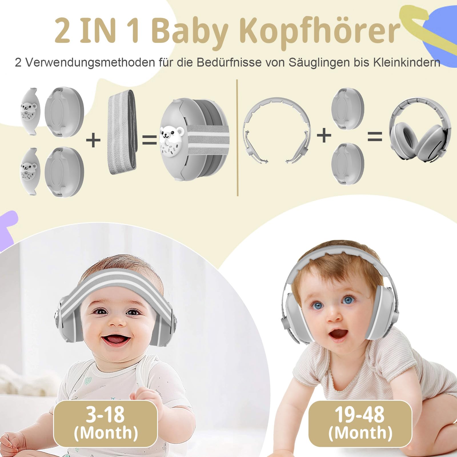 Robofun 2-in-1 Gehörschutz Baby Kopfhörer, Neugeboren Ohrenschützer mit Geräuschunterdrückung & Verstellbares Kopfband, Baby Kopfhörer Lärmschutz für Babys bis 48 Monate