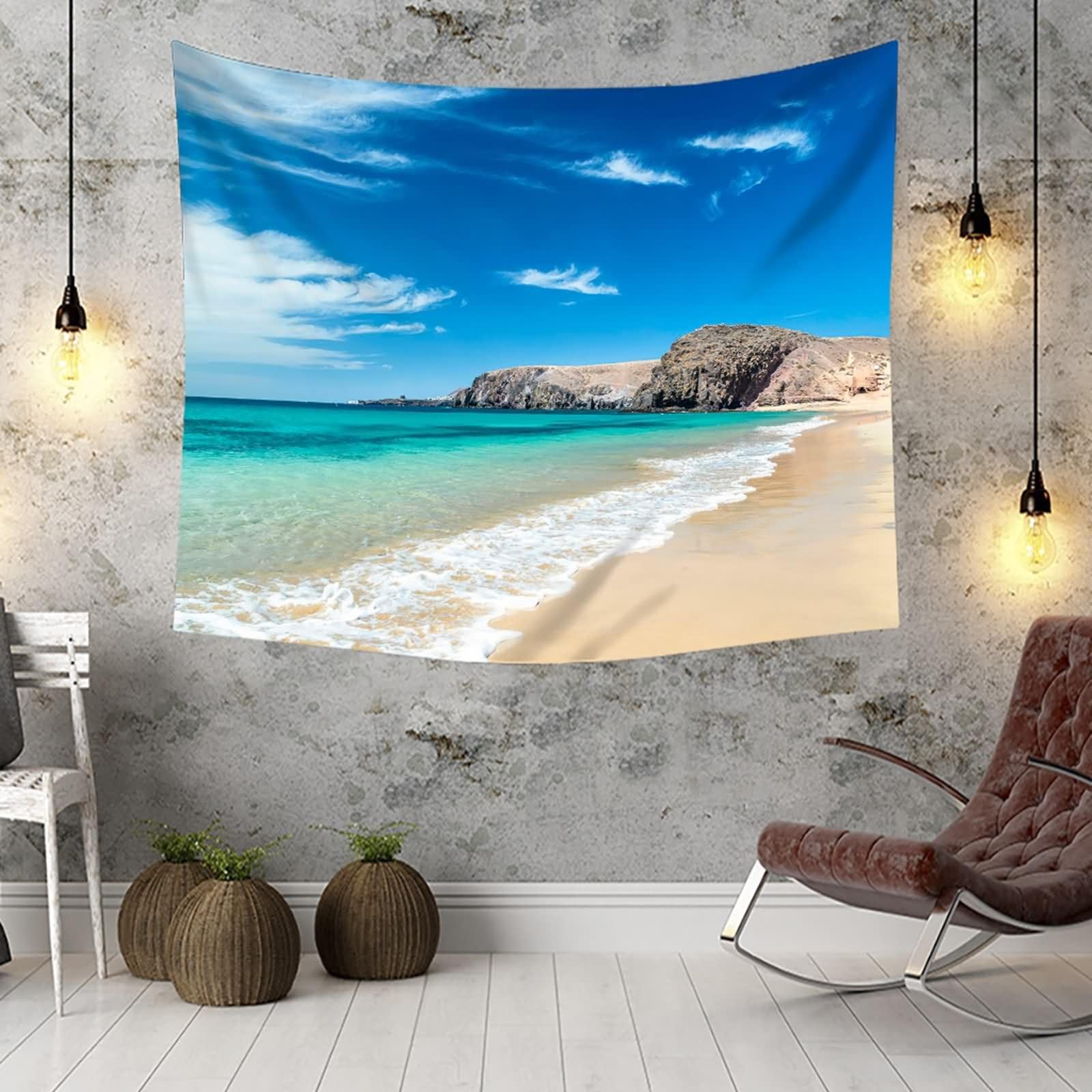 Homxi Tapices Habitación 260 x 240 CM,Paisaje de Playa Tapiz Sofa Poliester Azul Verde Caqui