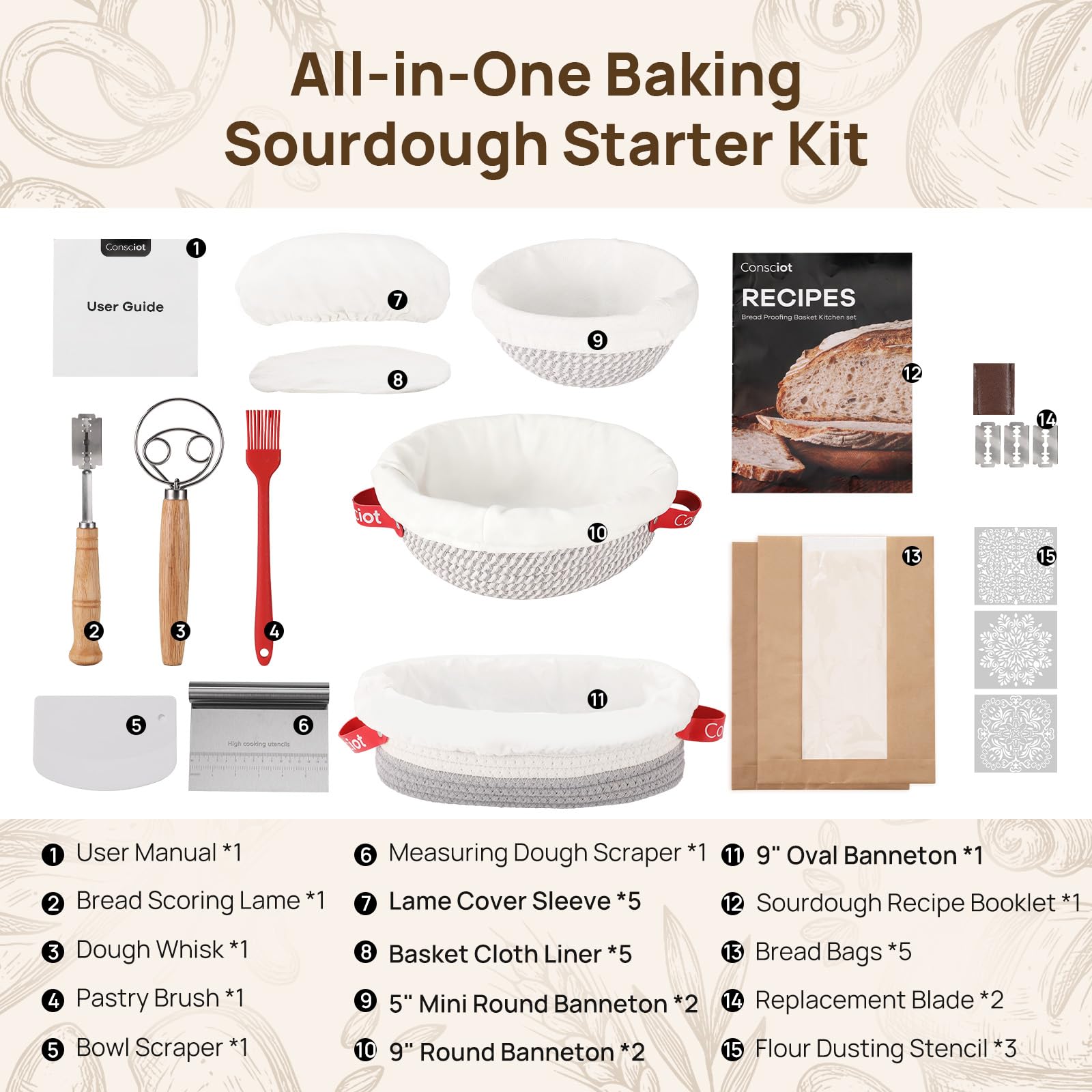 Consciot Sauerteig-Starter-Set, verschiedene Größen, Baumwollseil, Brotbackzubehör, runde und ovale Brotkörbe mit Einlagen und Abdeckungen, Geschenk für Bäcker, Kinder, Frauen, 22,9 cm, 12,7 cm