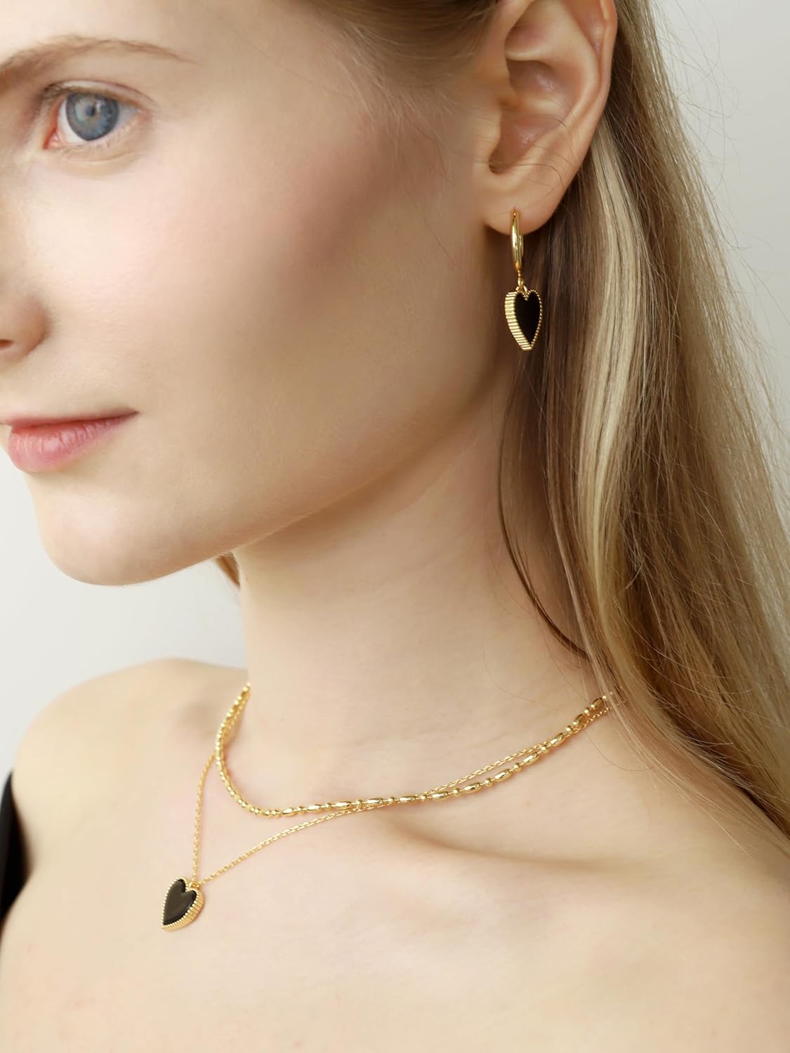 OZEL Layered Necklace for Women, 2-Strand Stainless Steel Bead & Cable Chains with Butterfly, Heart or Flower Pendant, Black Onyx or White Mother of Pearl - Image 3