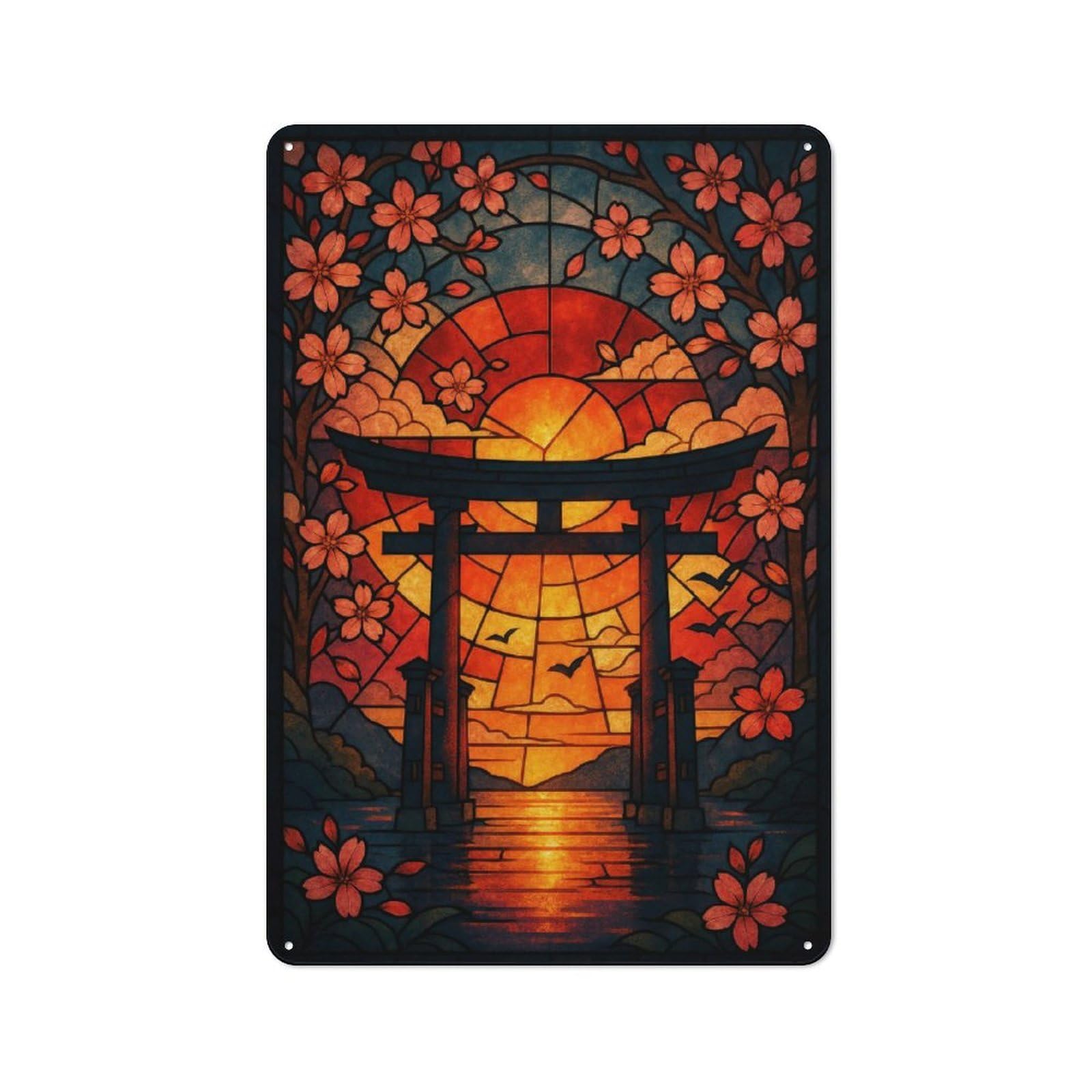 Junmoney Style-13 Workshop Style Garage Metal Sign 30X20cm Featuring Stained Glass Torii Gate Sunset, Industrial Wall Art For Garage, Hobby Room, Office Or Man Cave