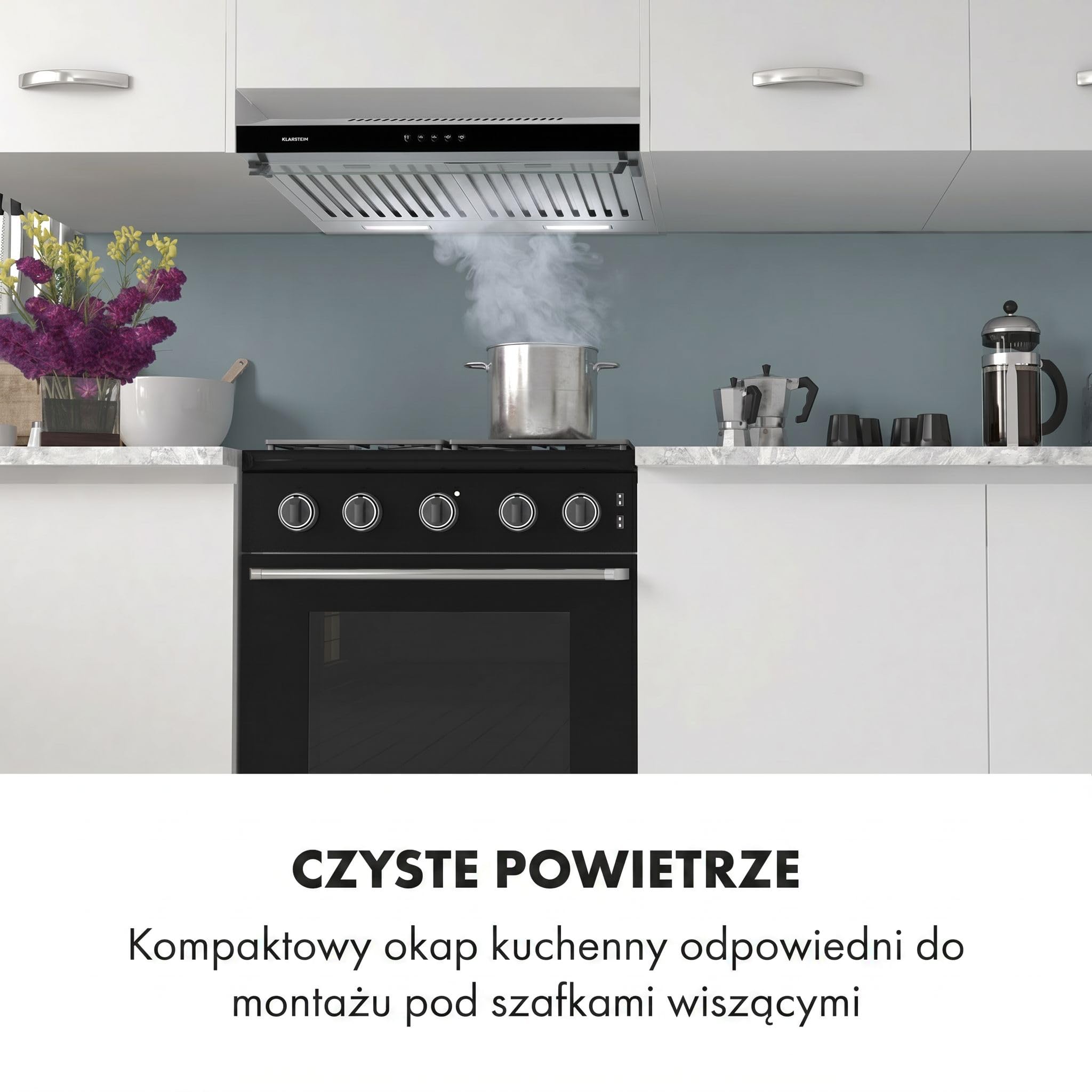 Klarstein Purista - Okap kuchenny, Okap podszafkowy, Szerokość 60 cm, Stal nierdzewna, Montaż ścienny, Oświetlenie halogenowe, Wydajność 306 m³/h, uchylny panel ze szkła, czarny