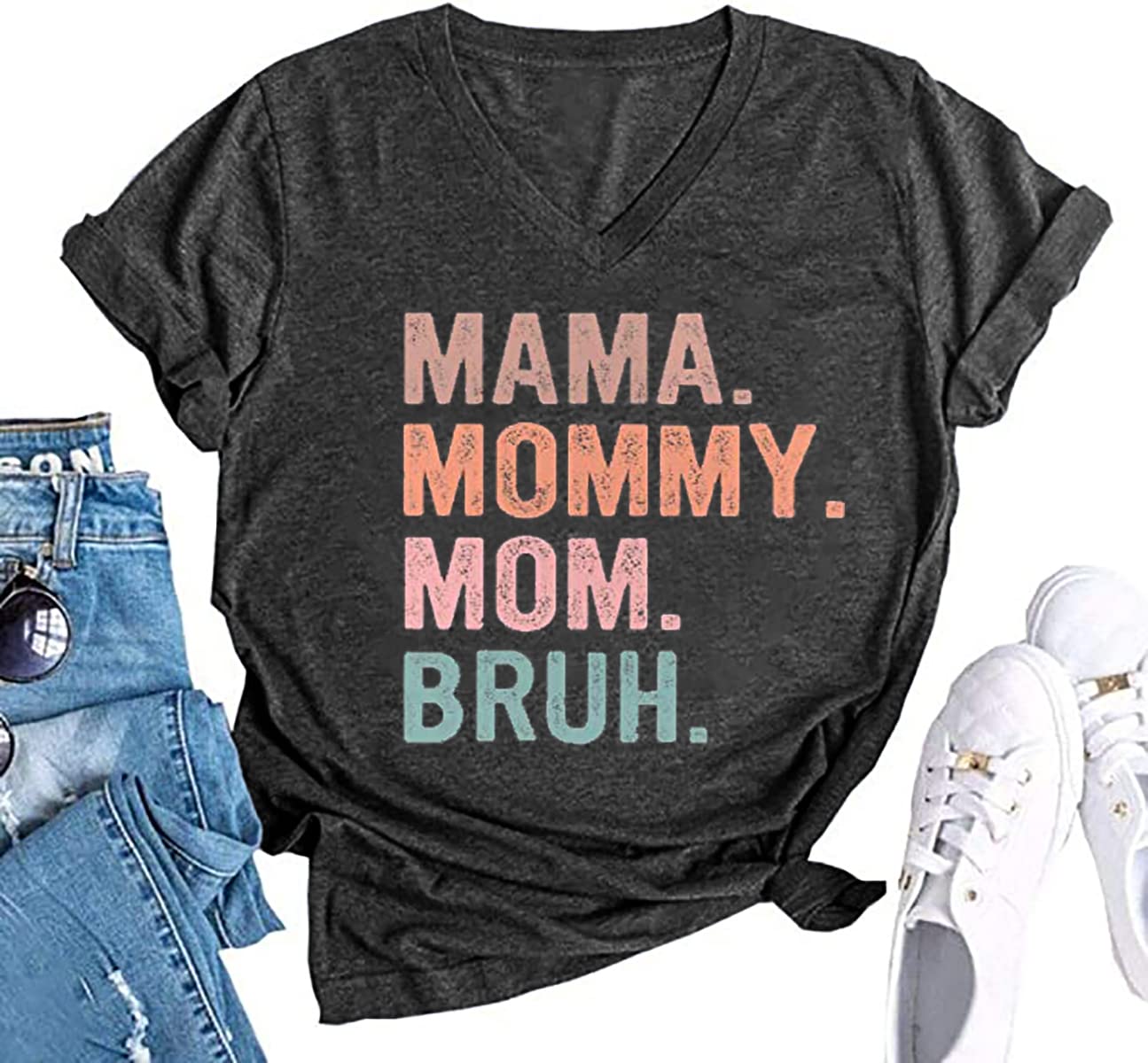 MYCHTEMama Mommy Mom Bruh Tshirt Women Casual V-Neck Short Sleeve Tee Tops Funny Mom Shirt Mama Life T-Shirt