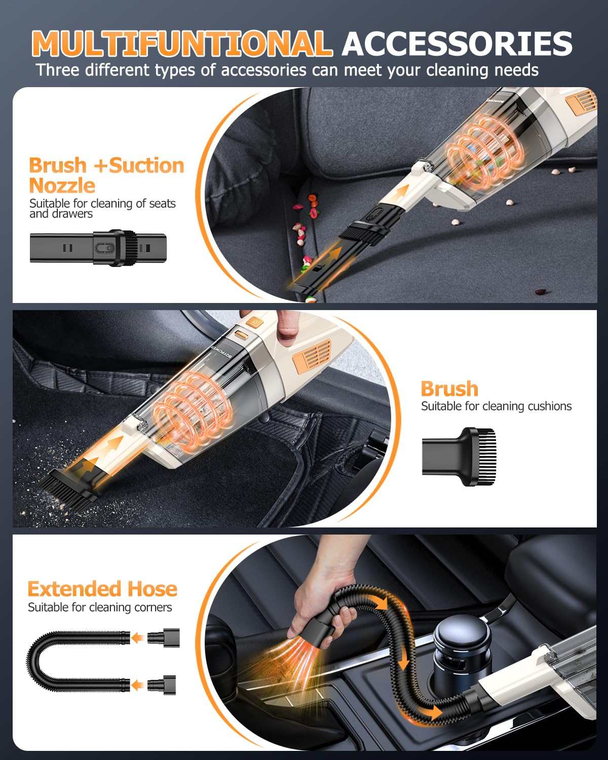 BQYPOWER Aspiradora de mano inalámbrica de 16000 PA, aspiradora de mano de succión fuerte, aspiradora de polvo, inalámbrica, recargable con múltiples accesorios, aspiradora portátil de alta potencia
