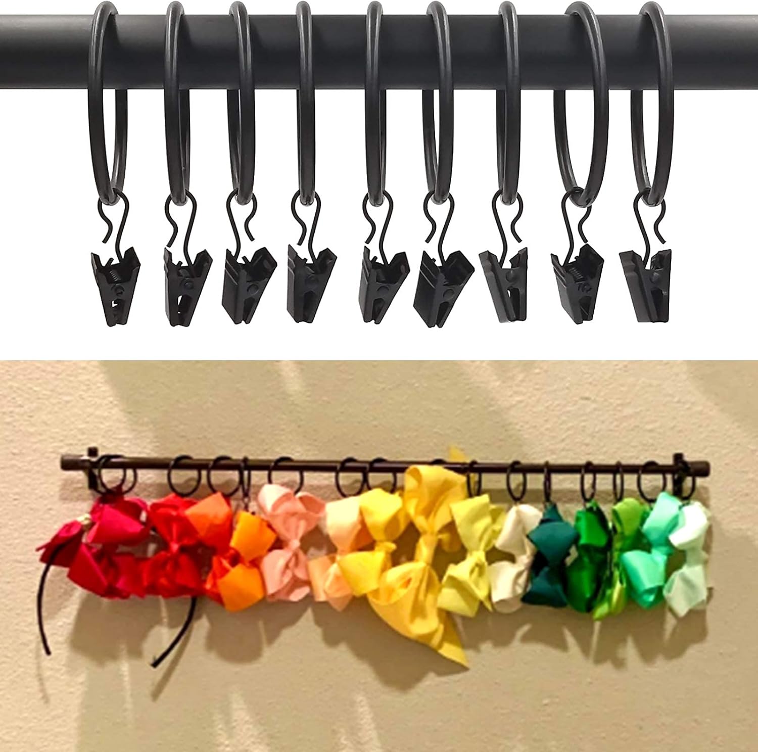 20 Pack Black Curtain Rings with Clips, Curtain Hooks Hangers Clip Rings for Hanging Drapes Bows Hat, Drapery Rings 1.77 in I D, Fits up to 1.5 in Diameter Curtain Rod. - Image 6