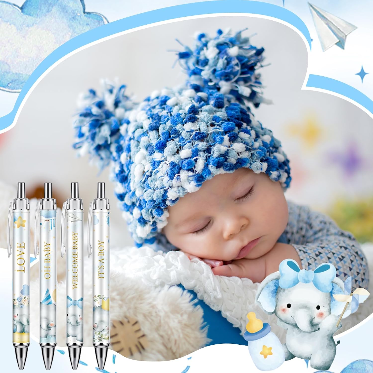 Chuangdi 24 Pcs Blue Elephant Baby Shower Ballpoint Pens, Black Ink image 4