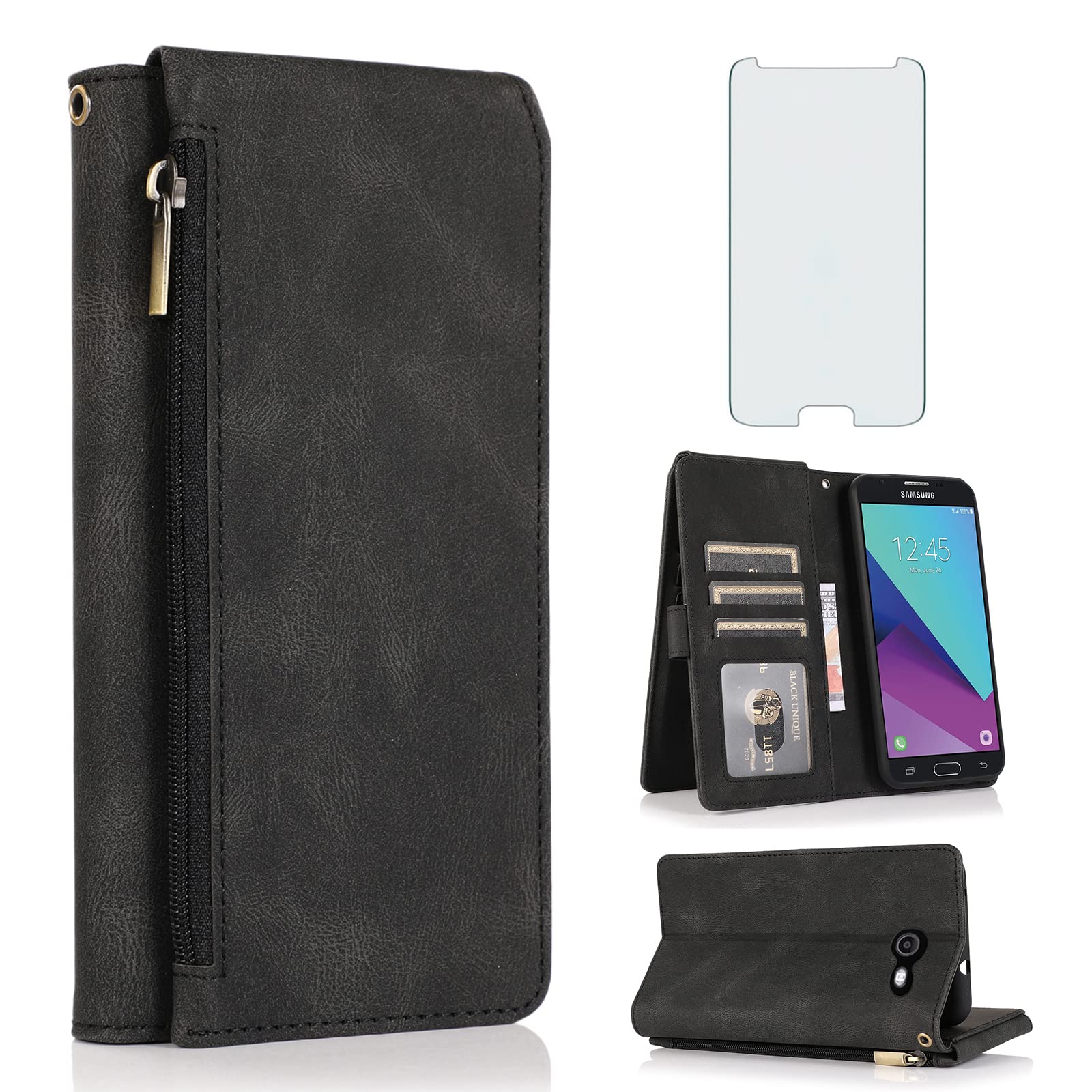 Compatible with Samsung Galaxy J7 Prime 2017 J 7 Skypro Sky Pro J7V V S727VL Wallet Case Tempered Glass Screen Protector Zipper Leather Flip Cover Card Holder for Halo 7J Perx J7prime Women Men Black