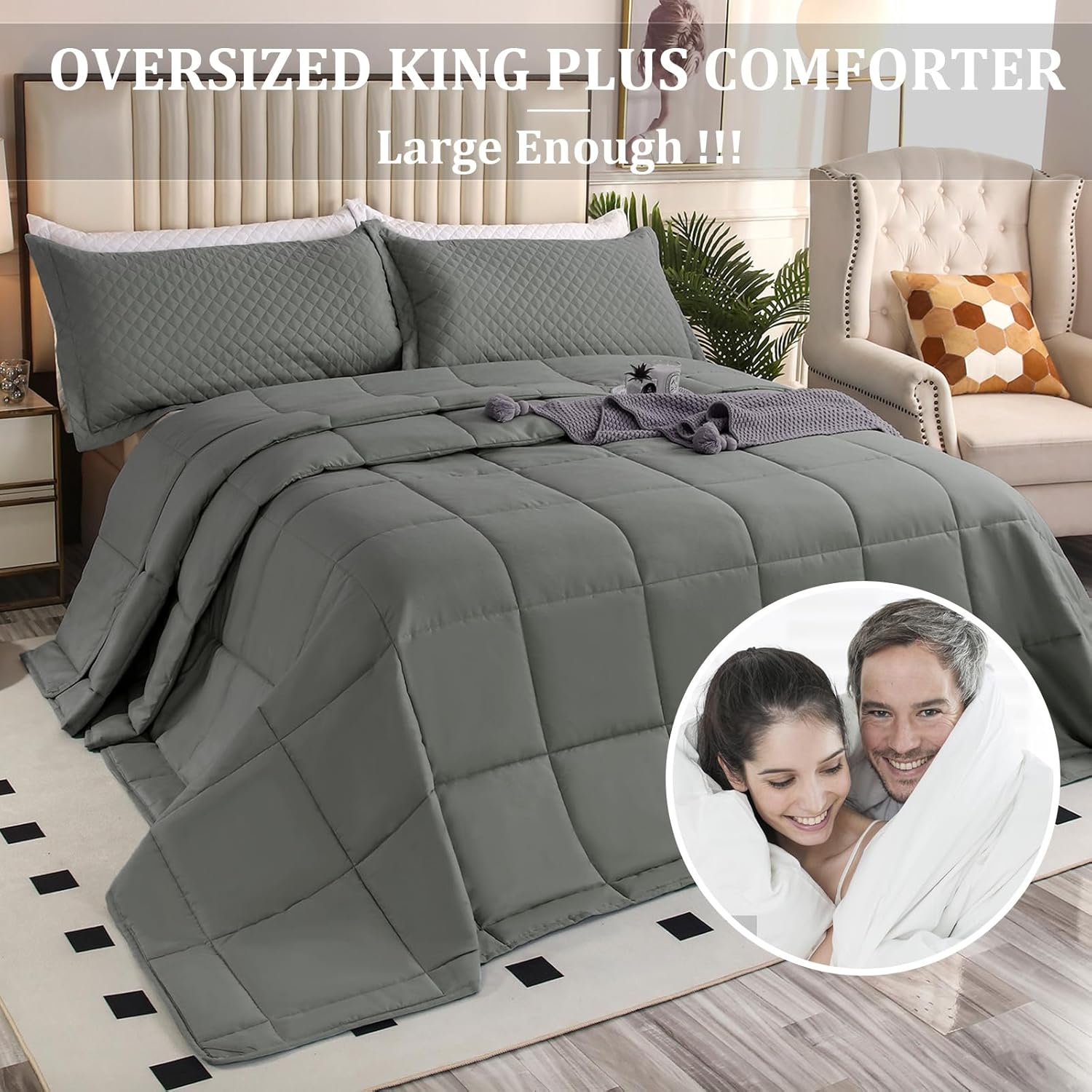 Oversized California King Comforter Set 120x120, Extra Large King Size Quilts 3 Pieces Lightweight Reversible Down Alternative Comforter for All Season with 8 Corner Tabs -Gray - Image 2