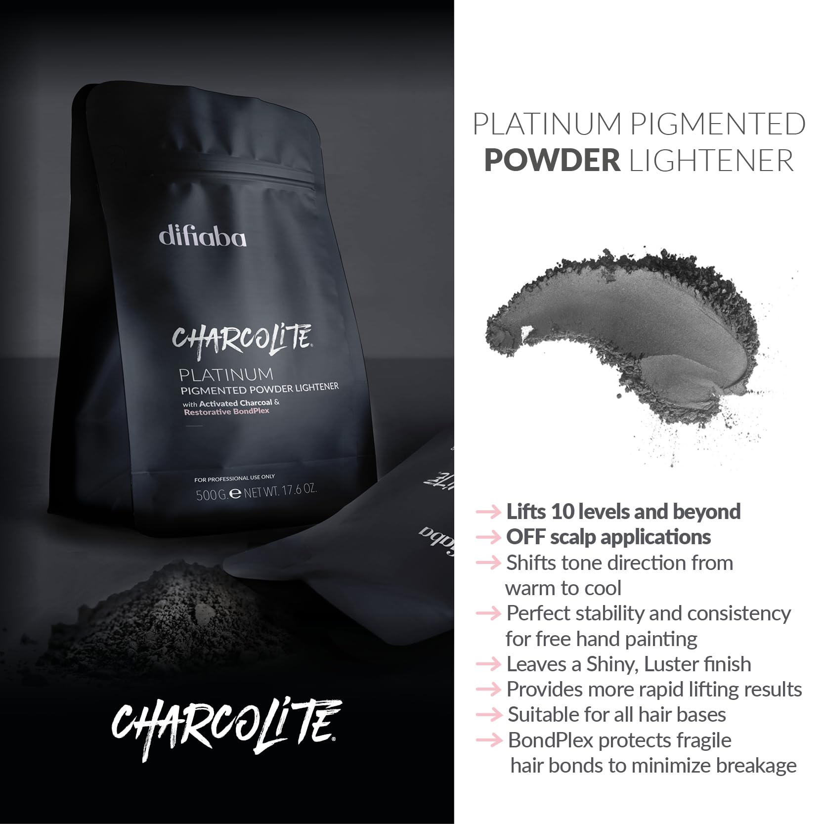 DIFIABA Charcolite - Aclarador para el cabello con carbón activado y BondPlex restaurador, aclarador y tonificador en 1 paso, se eleva a 9 niveles (500, 1, unidad)