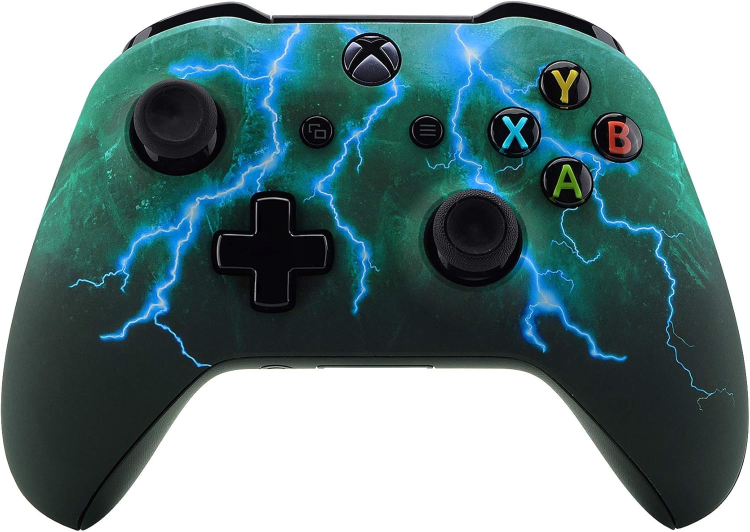 eXtremeRate FlashShot Trigger Stop Bottom Shell Kit & Green Storm Thunder Patterned Faceplate Shell for Xbox One S & Xbox One X Controller Model 1708 - Controller NOT Included