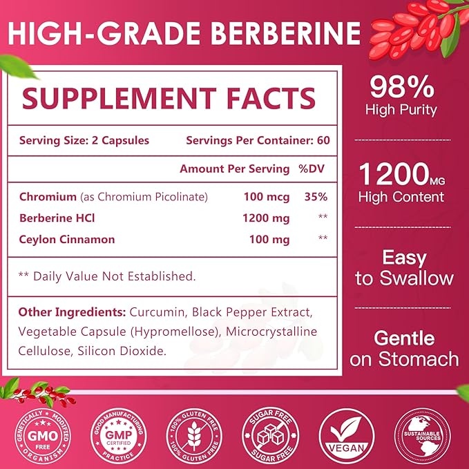 NATURE TARGET Berberine HCl 1200mg, Berberine Supplement with Ceylon Cinnamon, Chromium - Supports Immune, Gastrointestinal & Heart Health, Non-GMO, 120 Capsules