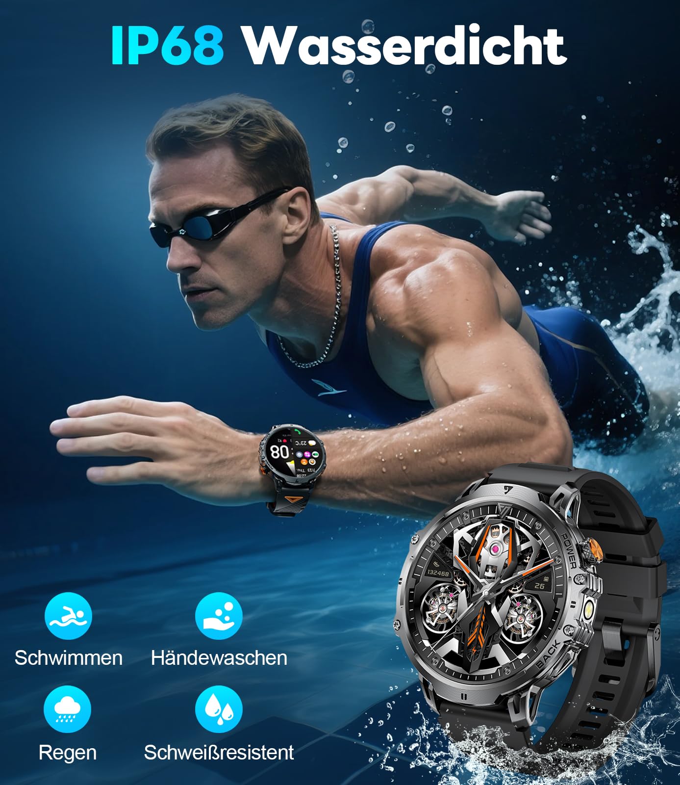 LIGE Smartwatch Męski 1000 mAh Bateria/1.85'' HD Duży Ekran z Połączeniami/100+ Tryby Sportowe, IP68 Wodoodporny Zegarek Fitness z tętnem 24/7, Monitor Uśpienia dla Android iOS