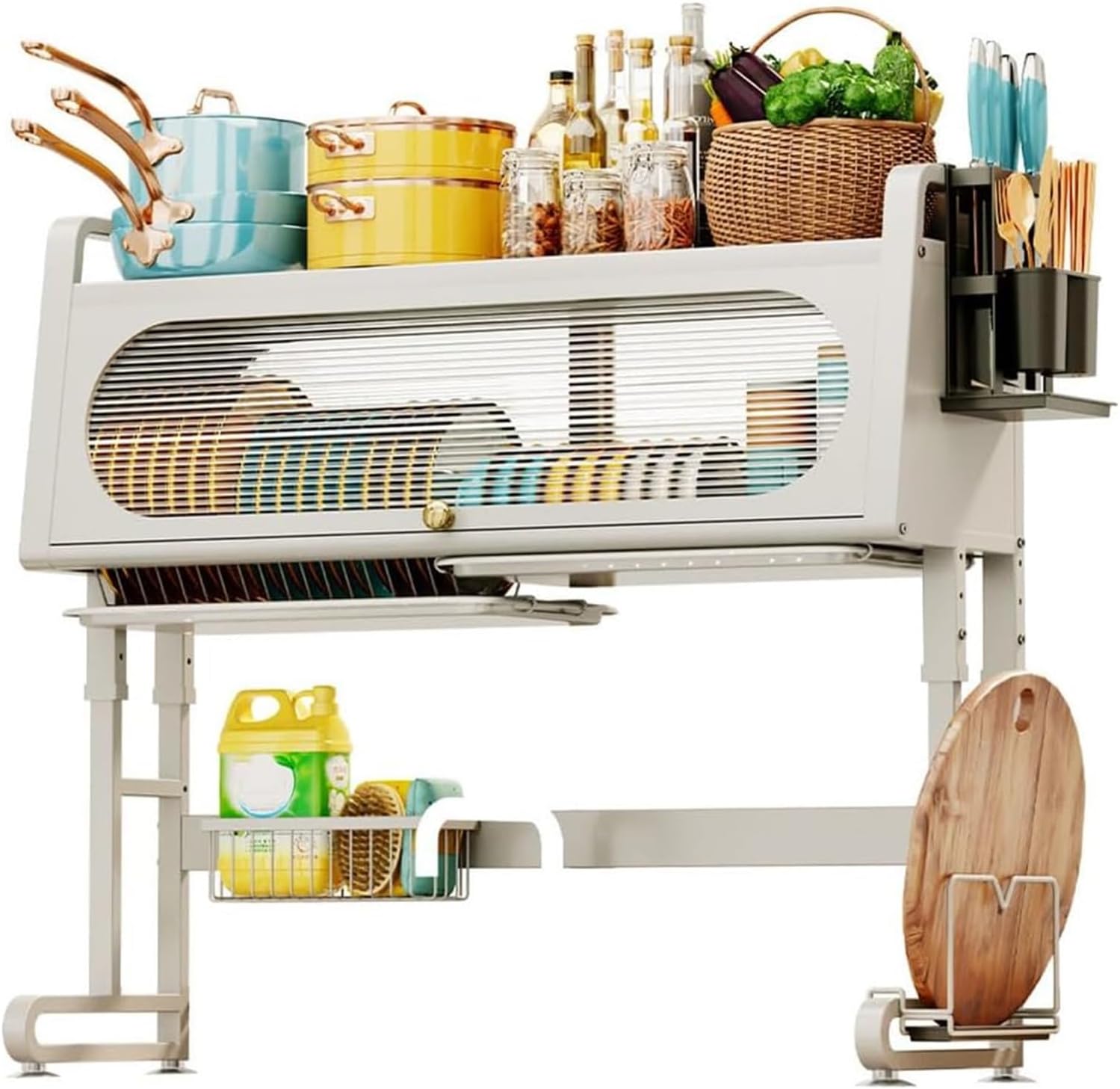 Large Capacity Dish Rack with Automatic Drainage 2 Tier Kitchen Counter Stainless Steel Glass & Utensil Holder Black/White 77 cm(Blanc 87cm)