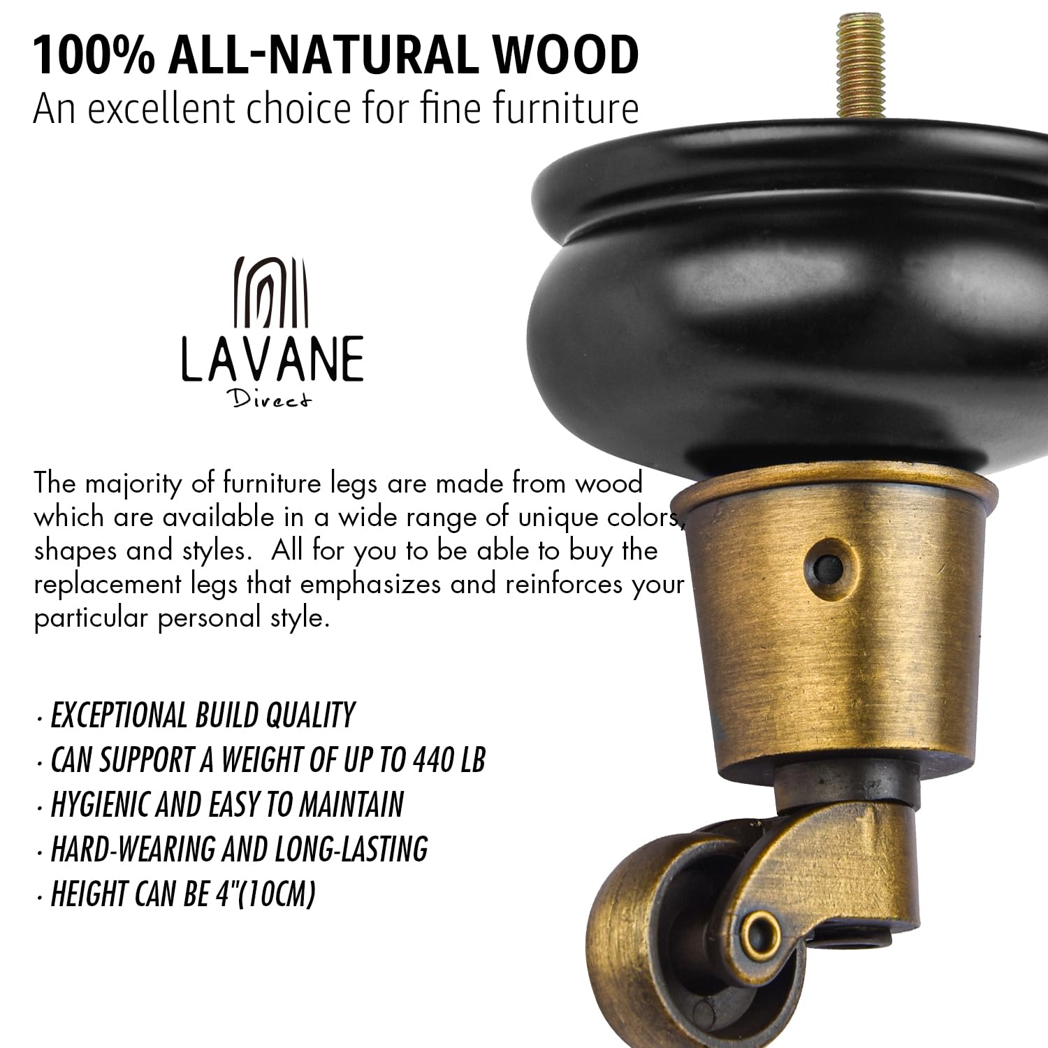 La Vane 4 inch Wooden Furniture Legs with Castor - Image 3