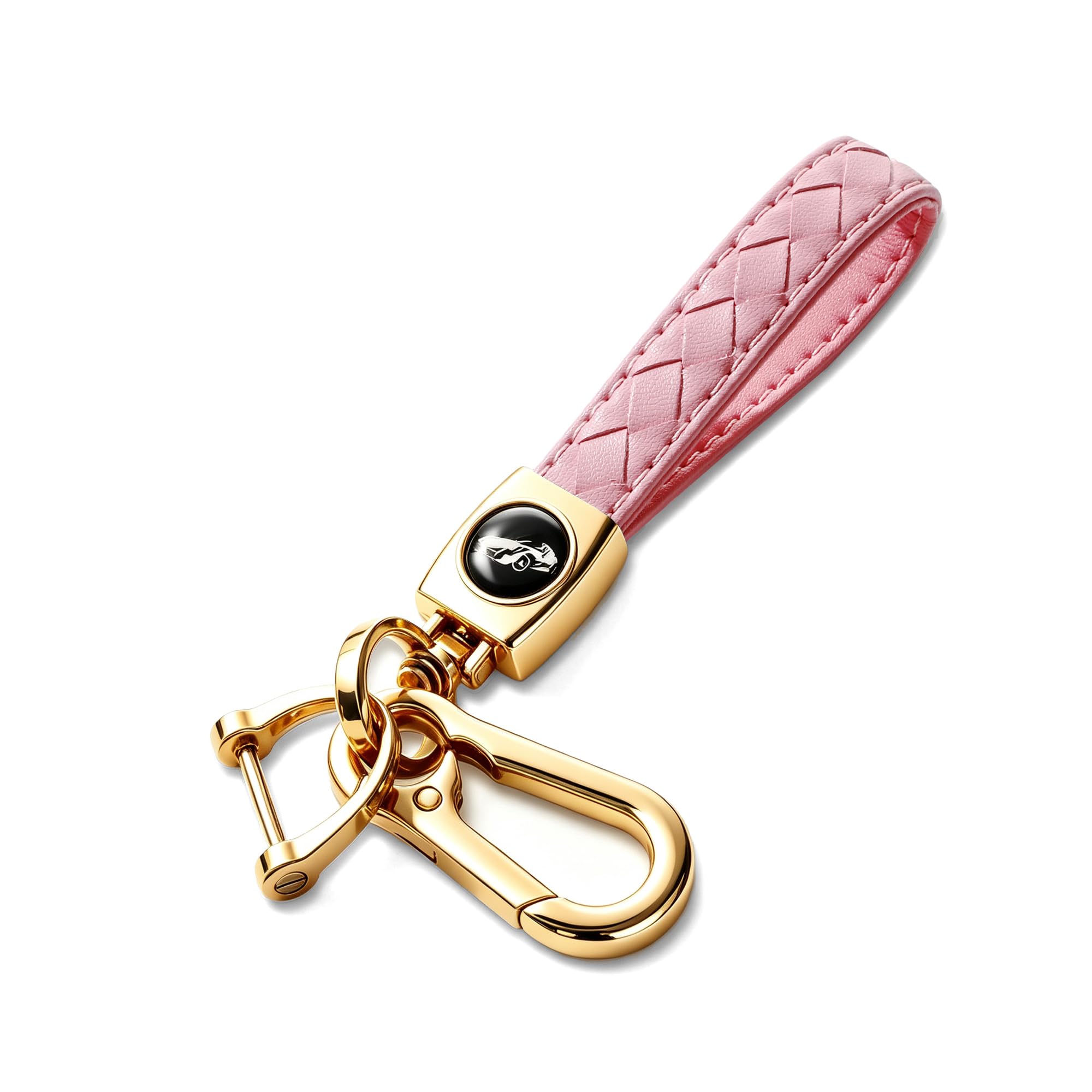 Gkeygo Carabiner Keychain, Universal Heavy Duty Woven Handmade Leather Key Chain, Car Fob Key Keychains with 360 Degree Rotatable Snap Swivel and Anti-Lost D-Ring for Men and Women,Light Gold - Pink