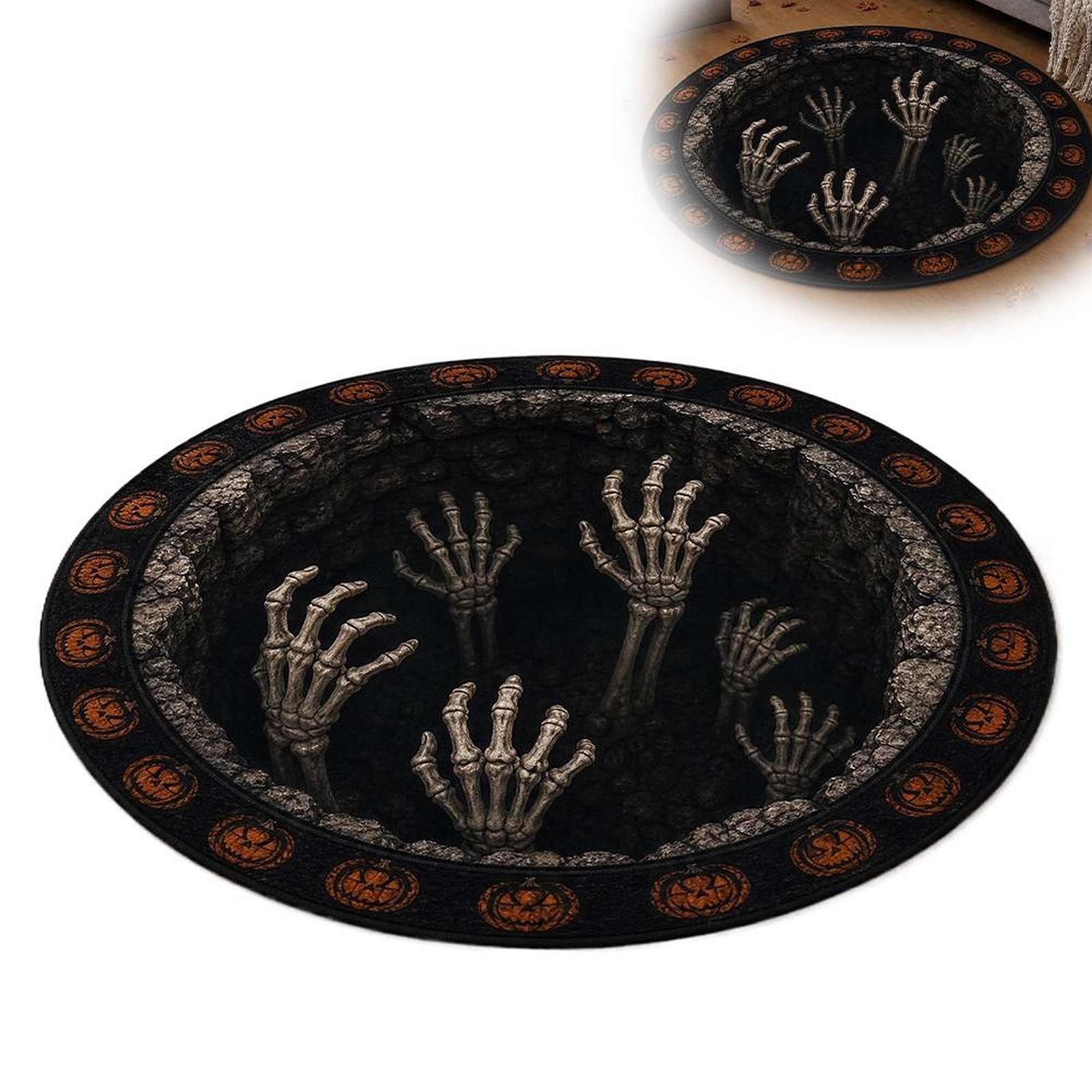 Halloween 3D Rug, Funny Ghost Skeleton 3D Optical Illusion Rugs, Novelty Halloween Non-Slip Floor Mat with Depth Pattern Theme for Home Parties Office Entryway Decor (Style8 60×60CM)