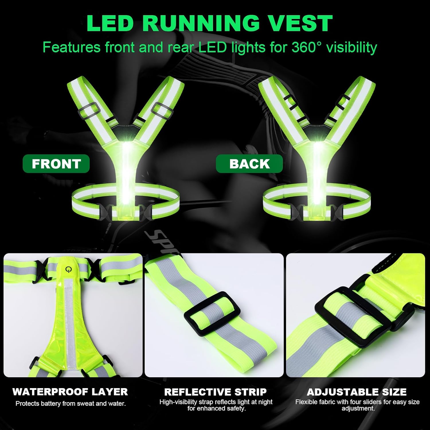 Reflective Running Gear with Led Armband Rechargeable, 5 Colors Lights Up Reflective Running Vest Rechargeable for Night Walking Running Cycling Jogging, Adjustable Size for Men Women Kids