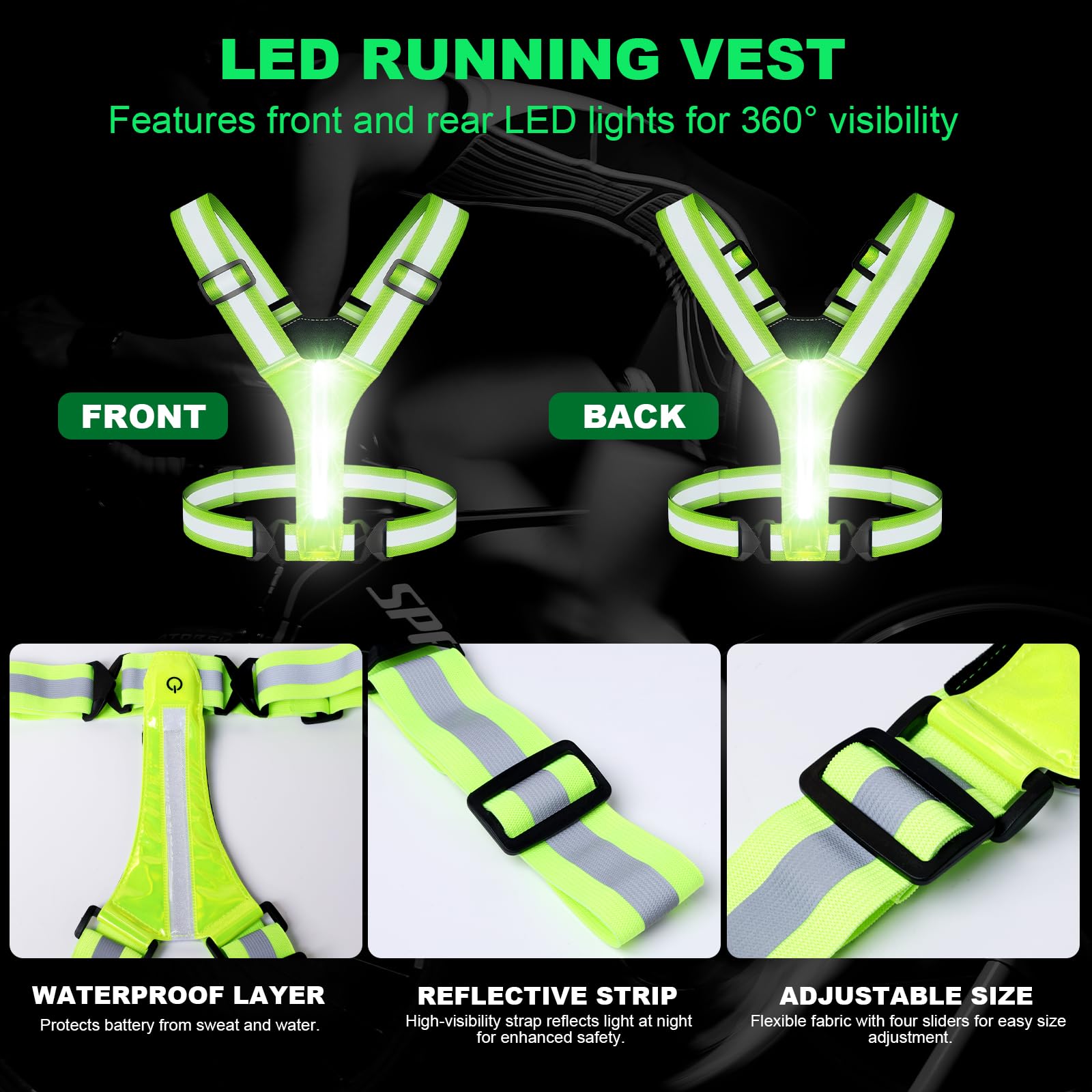 Équipement de course réfléchissant avec brassard LED rechargeable, 5 couleurs lumineuses, gilet de course réfléchissant rechargeable pour la marche de nuit, la course à pied, le cyclisme, le