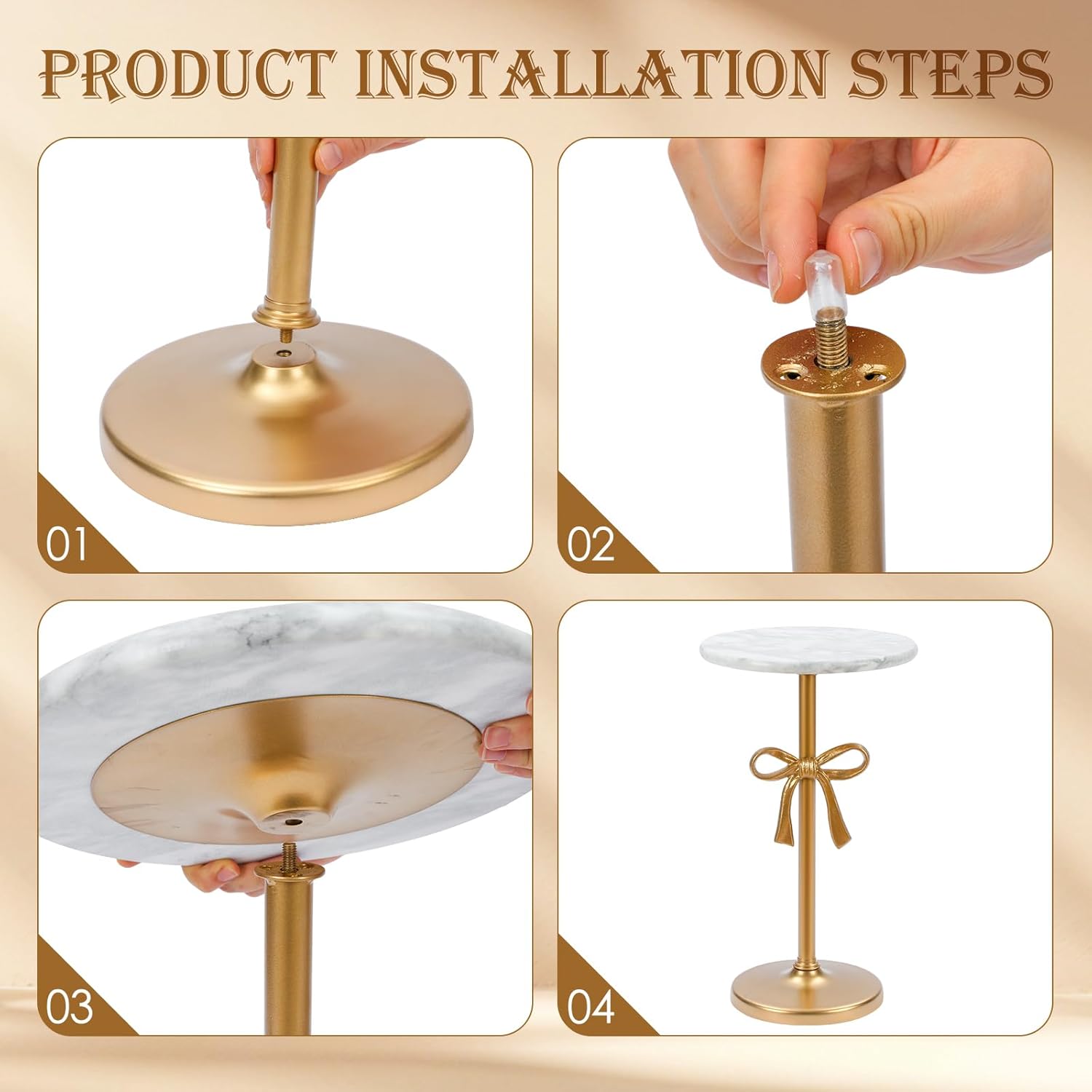 DoubleFill Gold Bow Marble Martini Drink Table 12 x 20.6 Inches Round Marble Top Pedestal Side Table Elegant Gold Bow Accent End Stand for Small Spaces Living Room Bedroom Corner Decor Beverage