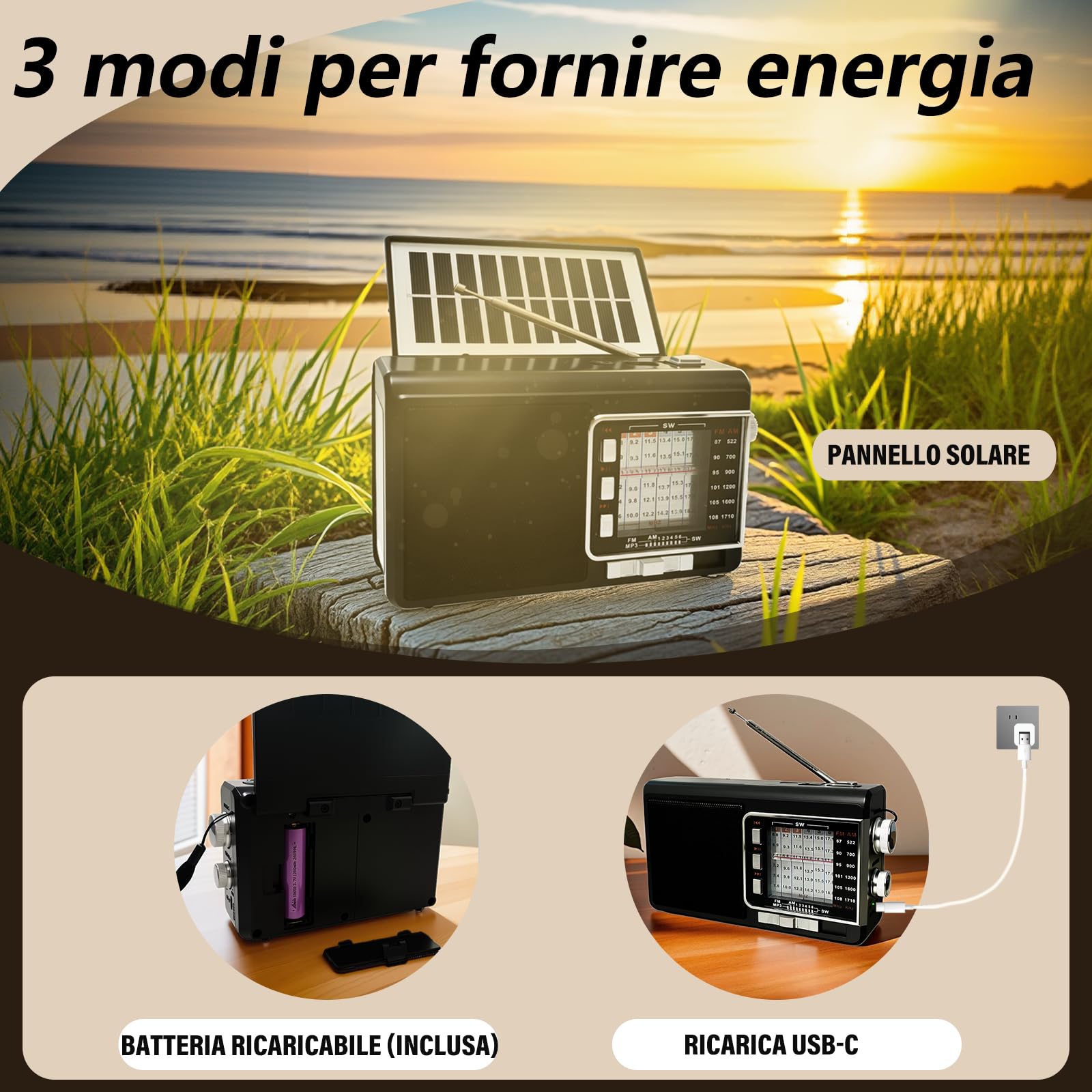 Radio Portatile con Pannello Solare e Batteria 1200mAh, Ricevitore AM/FM/SW1-6 con Altoparlante 8W/TWS/USB/TF, Torcia, Radio Bluetooth Ricaricabile per Camping, Emergenze, Esterno