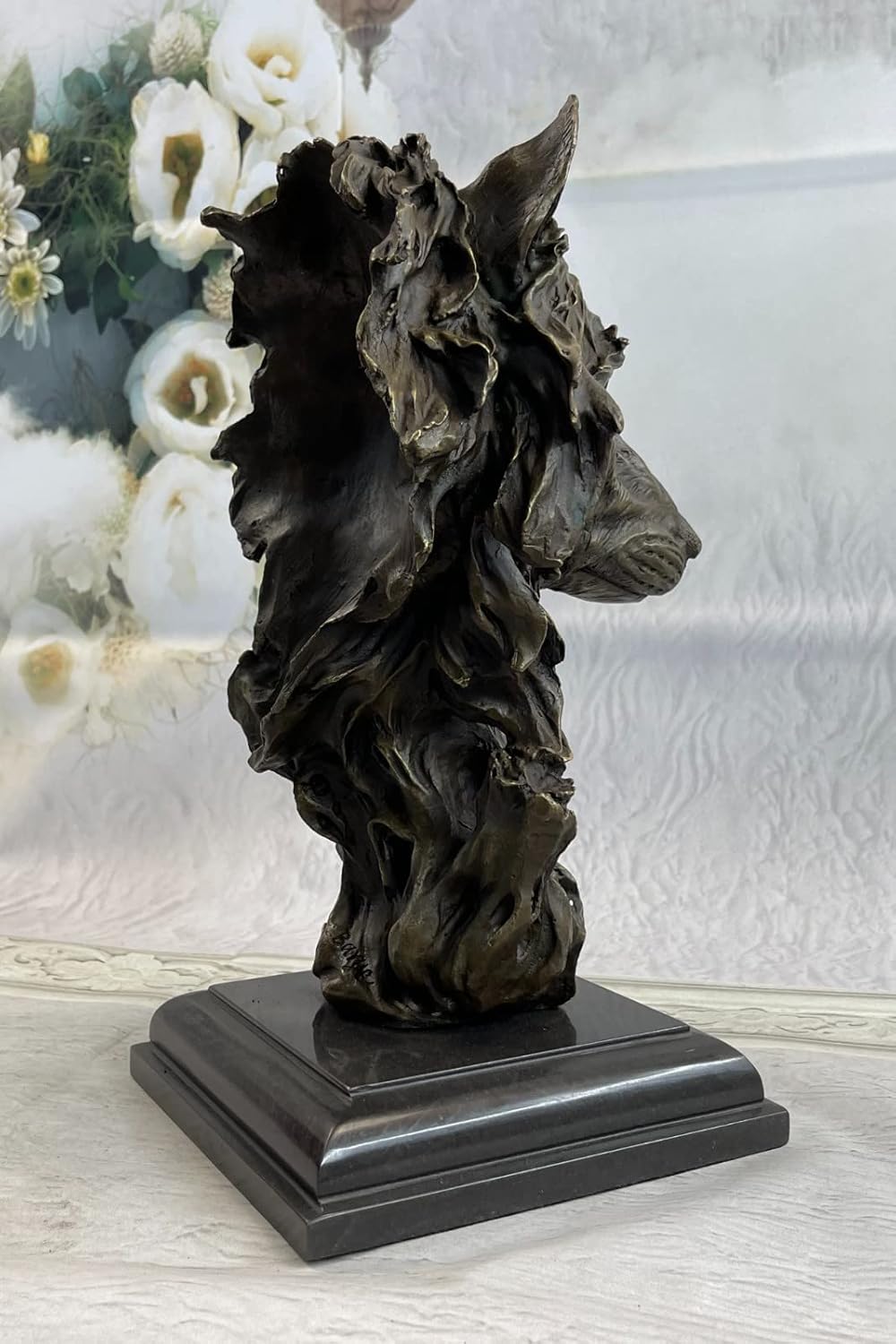 EUROPEAN BRONZE Art Deco Marble Base Bronze Sculpture Statue Wolf Bust Wild Life Garden Figurine Home Decor Artwork Handmade