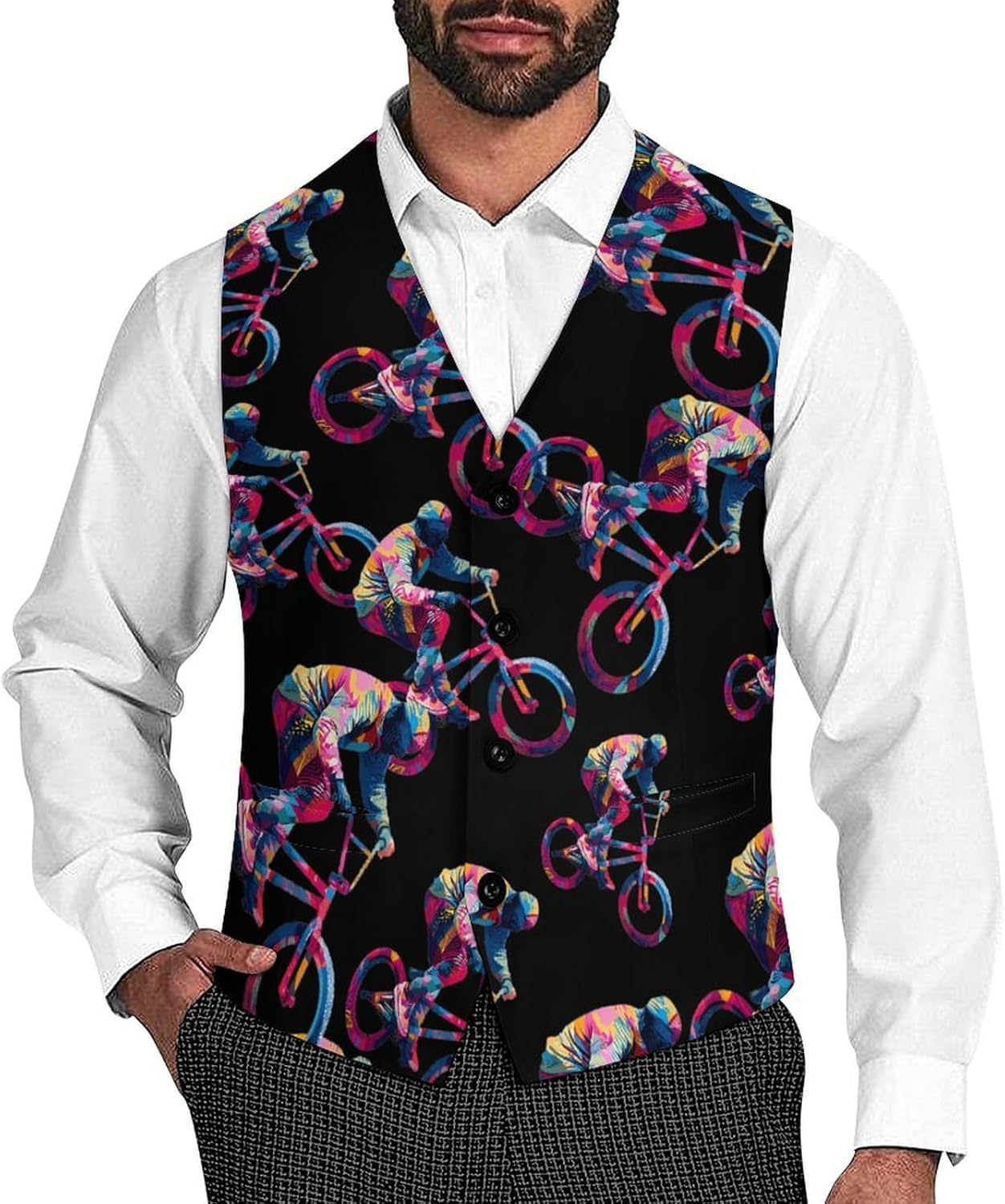 BMX Mountain Bike Art Men's Formal Suit Vest Slim Waistcoat for Business Tuxedo Dress