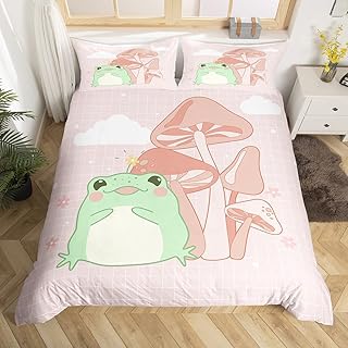 Cute Frog Duvet Cover Pink Plaid Background Bedding Set Cartoon Mushroom Comforter Cover for Boys Girls Kids Room Decor Kawaii Lightweight Bedspread Cover Twin Size with 1 Pillow Case