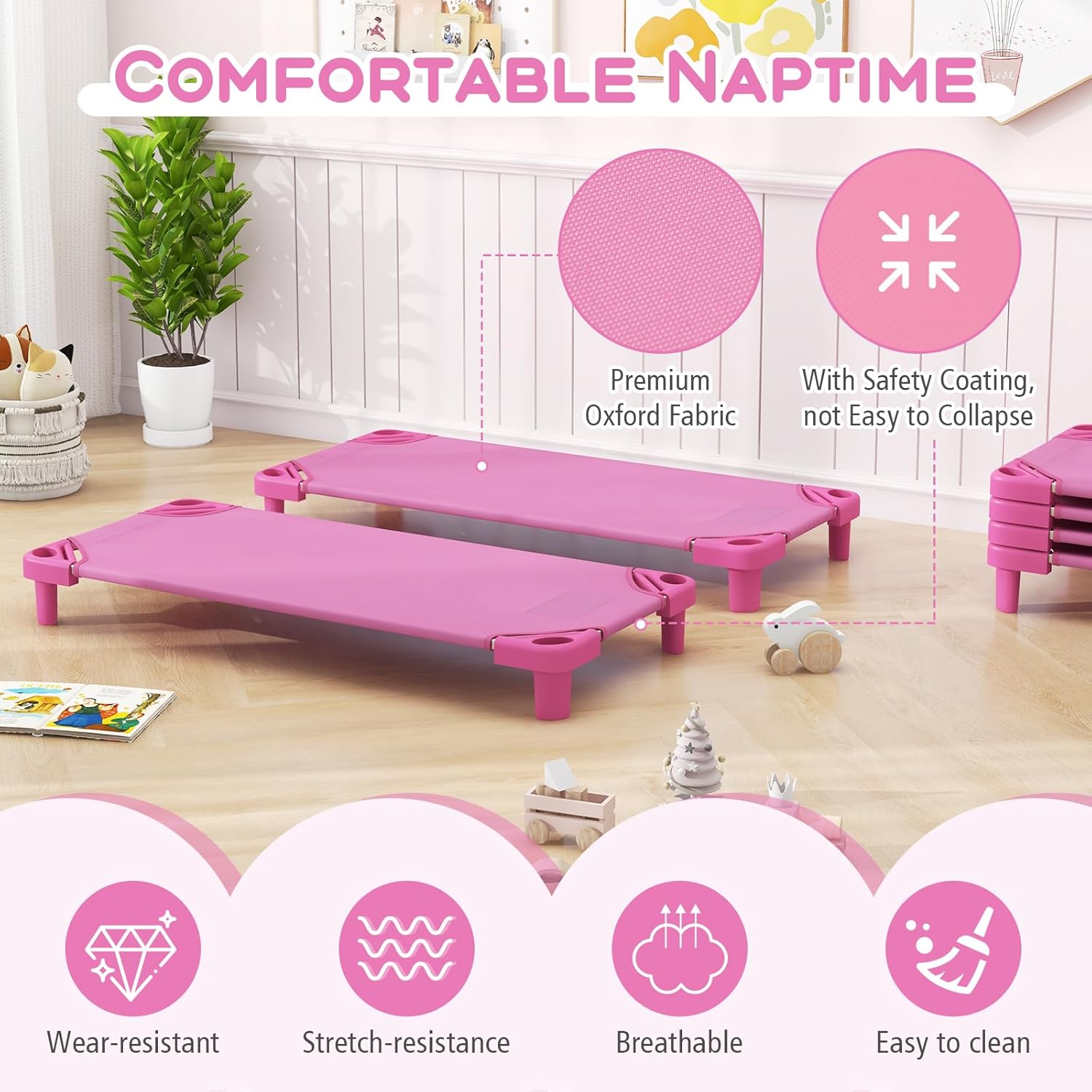 KOTEK Stackable Sleeping Daycare Cots for Kids, Portable Toddler Nap Cots, 52" L x 23" W, Ready-to-Assemble, Space-Saving Children Naptime Cot for Classroom Preschool (Set of 6, Pink)