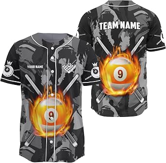 Custom Novelty Billiards Button Baseball Jerseys with 3D Flame Billiard Rack Graphic On It Softball T Shirt