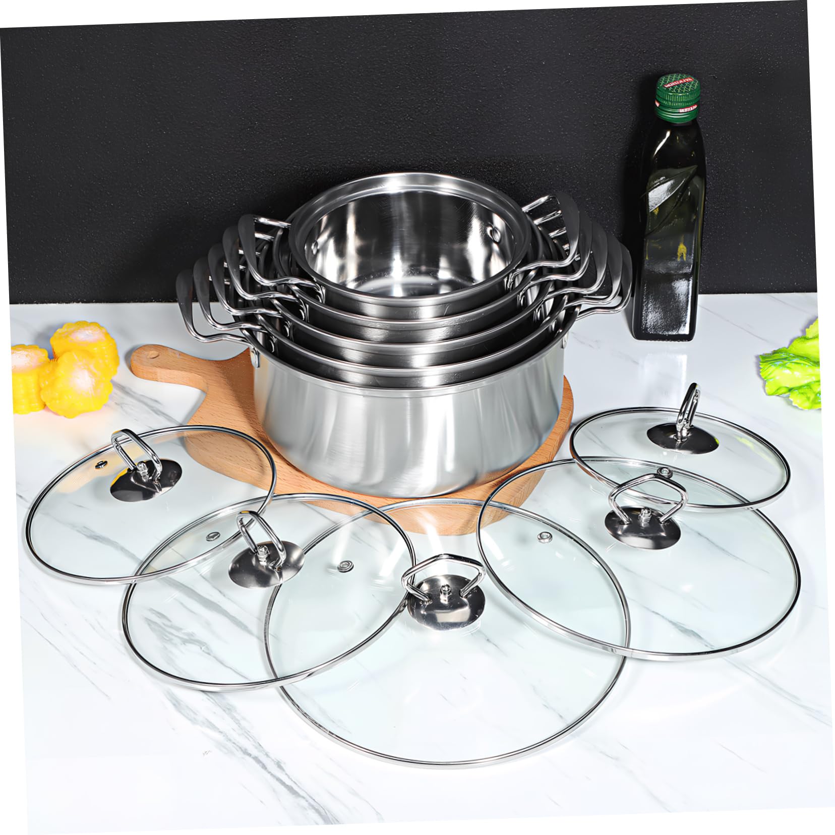 Hemobllo Set Pentole da Minestra 5 Pezzi in Acciaio Inox per Induzione | Coperchi in Vetro, Doppie Maniglie, Finitura Argento, Uso Versatile in Cucina, Set All-in-one