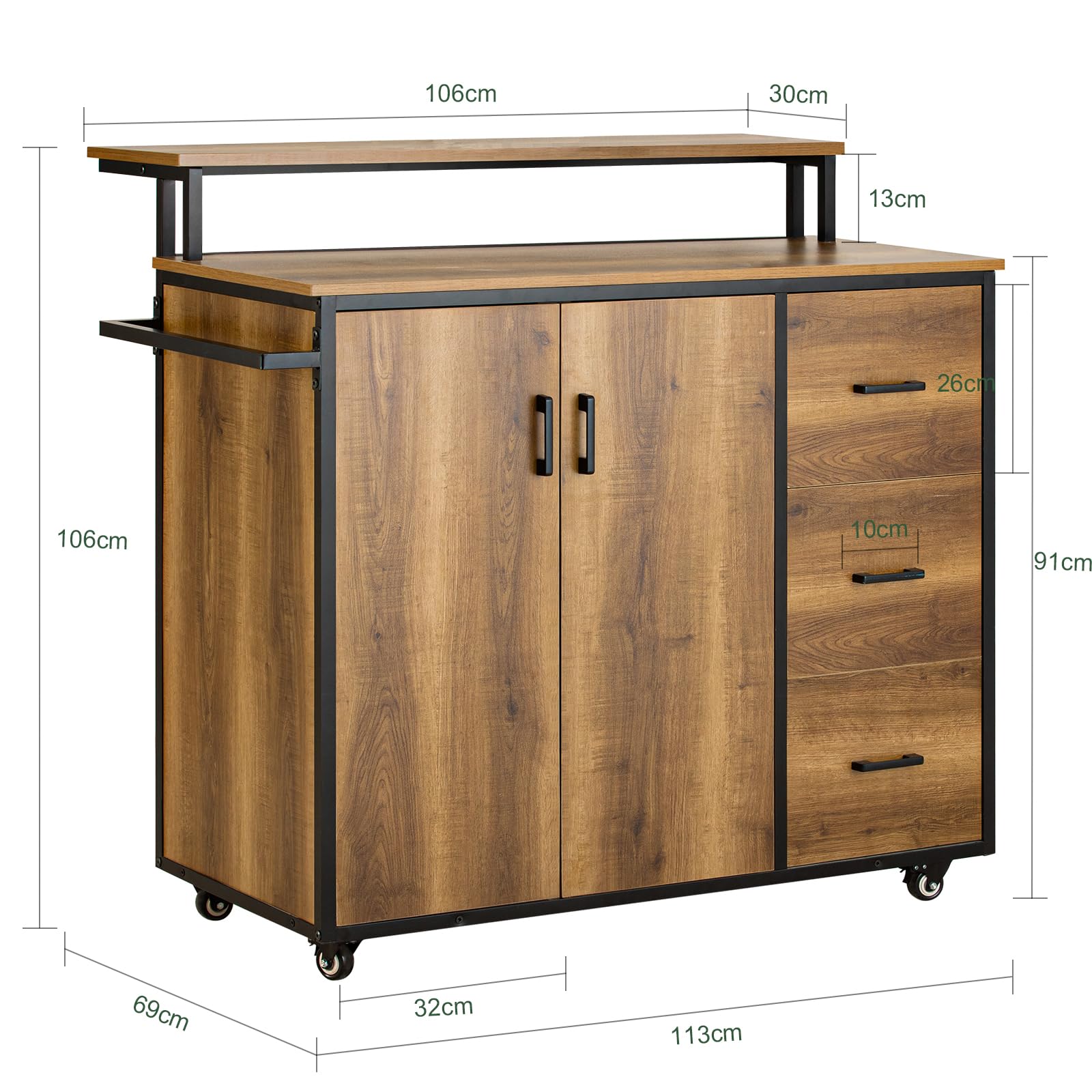 SoBuy KNL02-PF Design Küchenwagen mit Arbeitsplatte Kücheninsel mit Türen und Schubladen Küchenschrank Rollwagen Sideboard auf Rollen Küchentrolley Vintage braun BHT ca.: 113x106x69cm