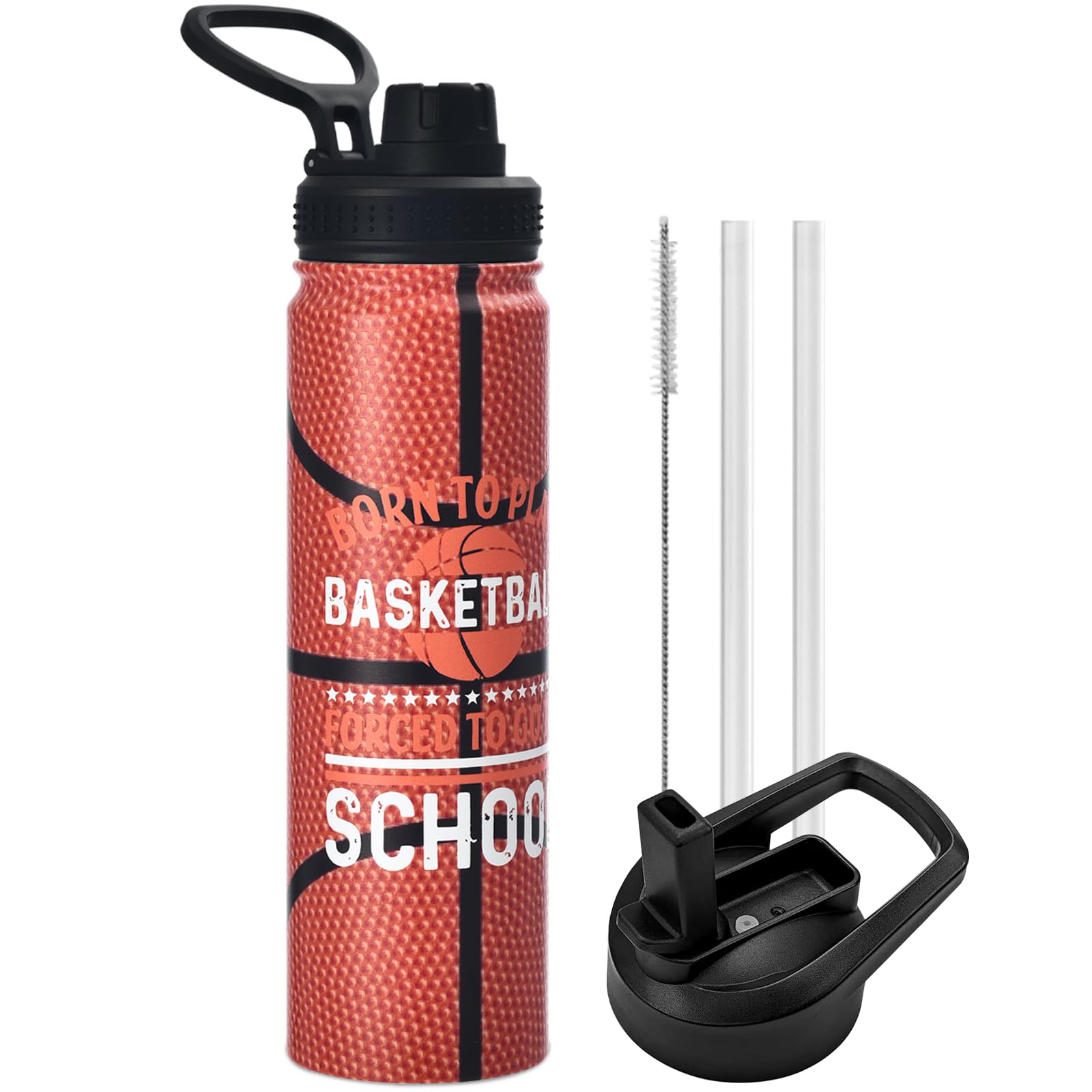 Basketball Water Bottle 24 oz Insulated Stainless Steel Sports Bottle with Straw Basketball Stuff Gifts for Boys
