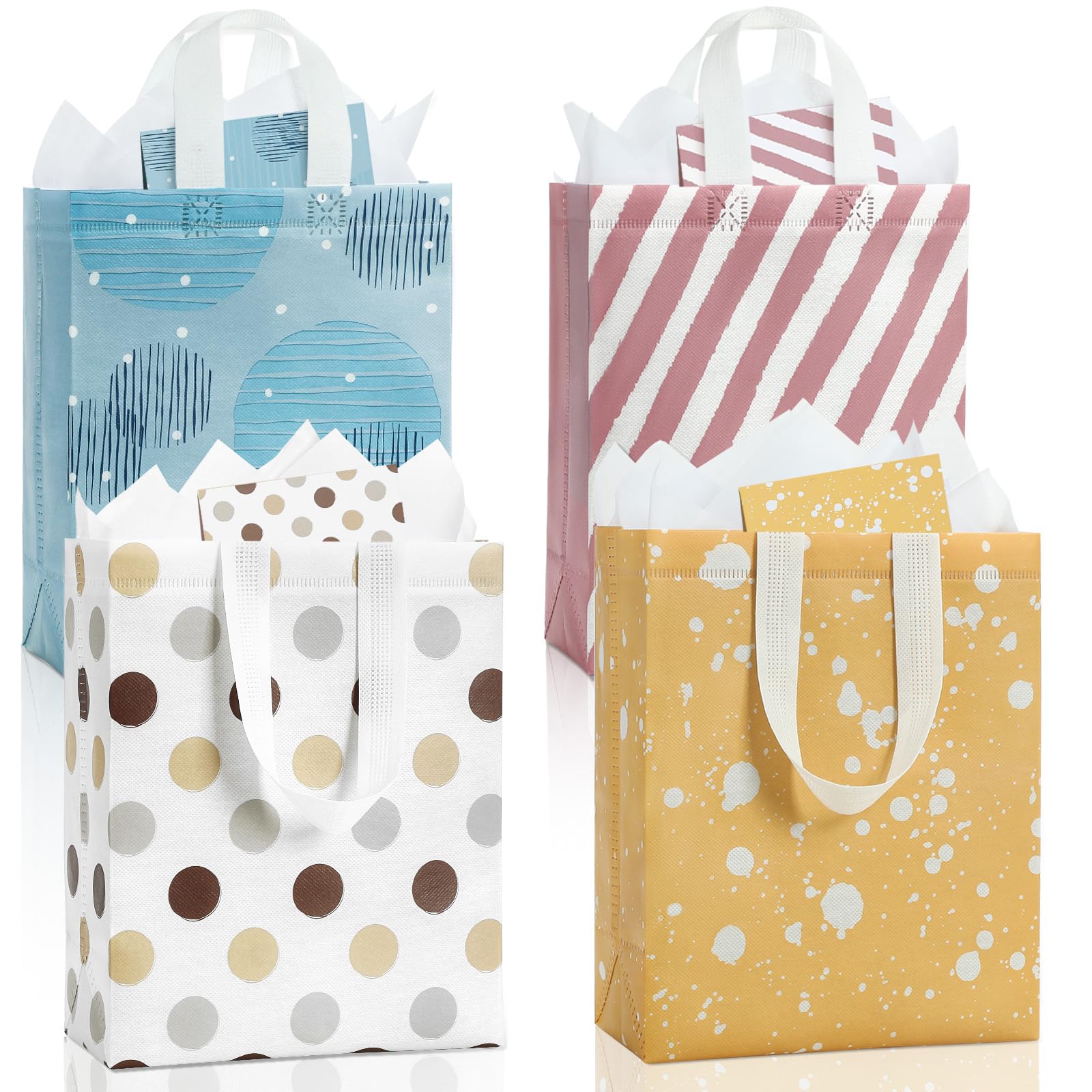 STYPOP 10" Gift Bags Medium Size (4 Pack) - Includes Tissue Paper & Cards, Reusable Non-Woven Gift Bags with handles, Perfect for Birthday, Wedding,