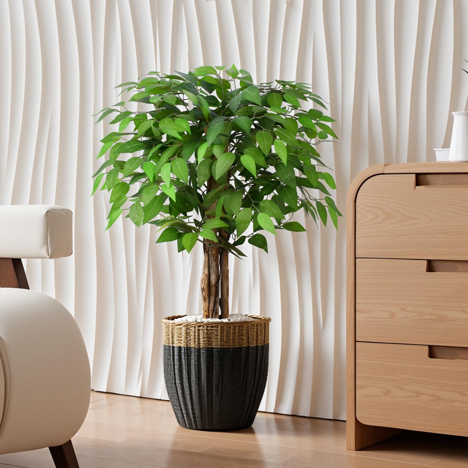 3ft Ficus Artificial Trees with Natural Curved Trunks, 90cm Tall Lush Faux Tree for Home Decor Indoor, Green Lifelike Fake Ficus Tree Artificial Plants-image-47