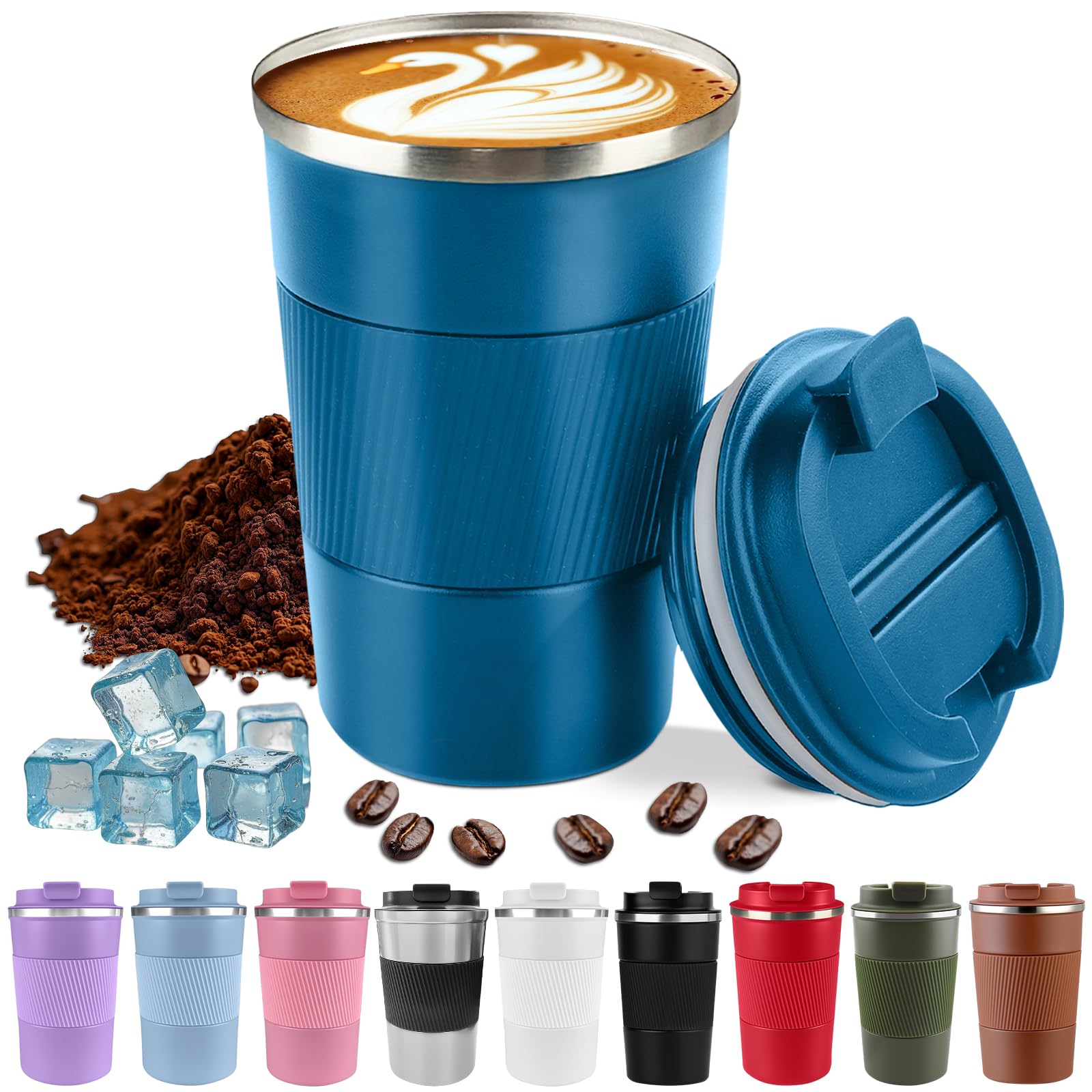 Harindiver Insulated Stainless Steel Travel Coffee Mug with Lid, Leak-Proof Reusable Thermal Cup, Double-Wall Vacuum Tumbler Keeps Drinks Hot & Cold for Hours, Portable for Men&Women(3rd-Blue, 380ml)