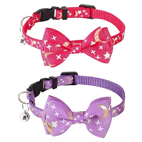 2PCS Cat Collars Quick Release Buckle Adjustable Cat Collar Breakaway Moon and Stars Kitten Collar Small Pet Collar Cat Id Collars Kitten Safety Collar with Bell and Detachable Bow Tie Collar for Cats
