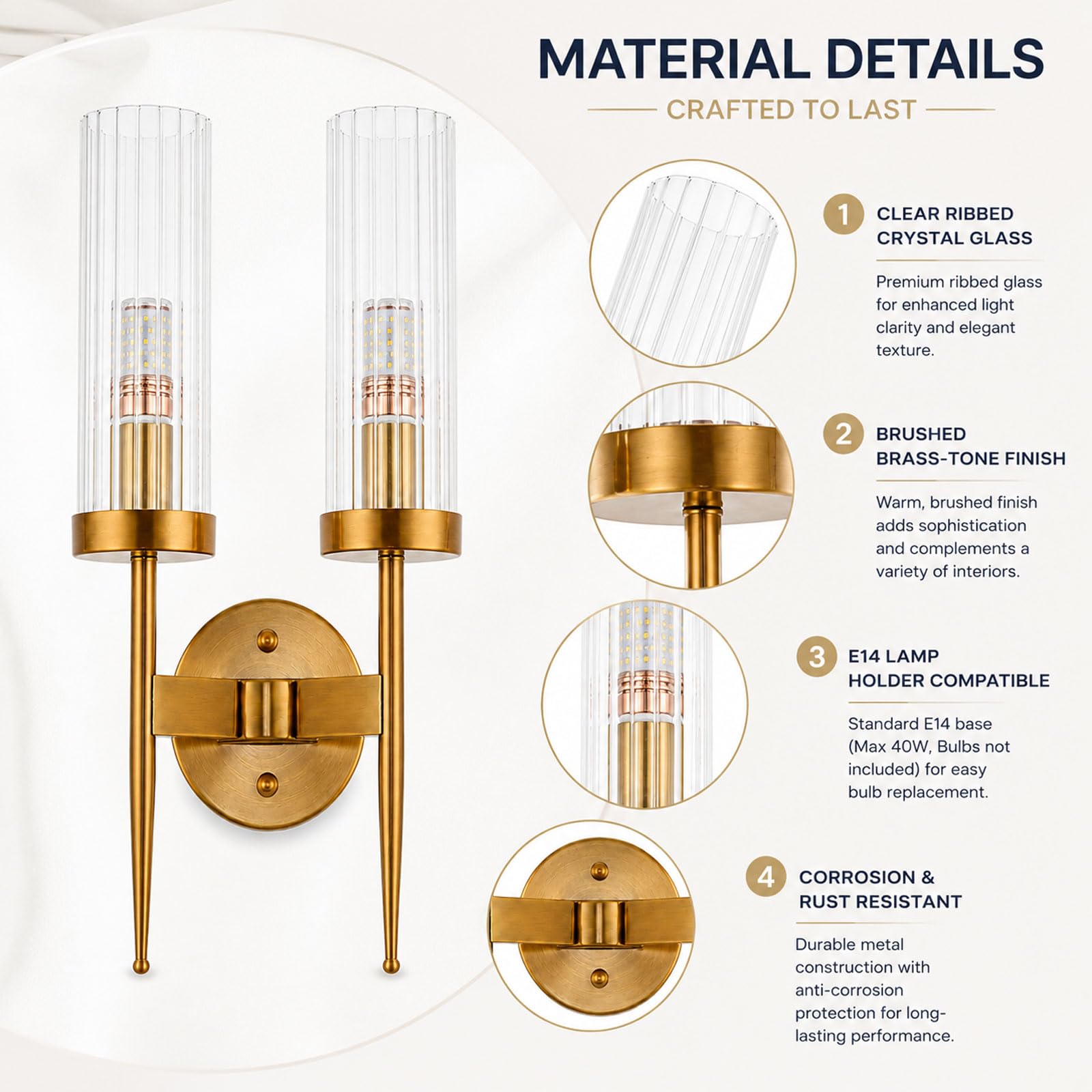 Aplique de Pared de Cristal y Base Dorada E14, Accesorios de Lámpara de Pared Modernos (2 Luces) | Lámpara de pared con cable de 43 cm con cristal transparente para dormitorio, pasillo, sala de estar, escalera y entrada