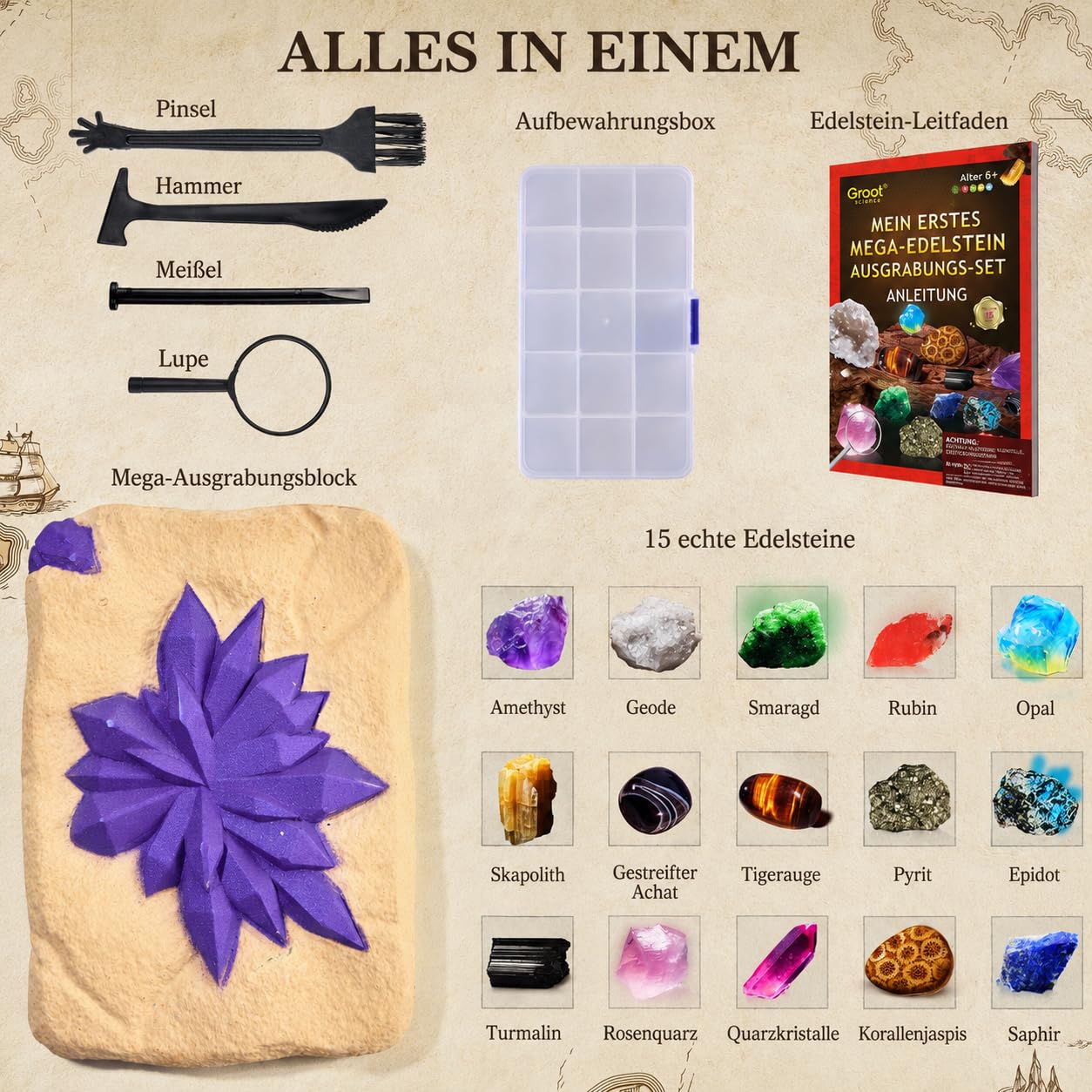 Mein erstes Mega ausgrabungsset für Kinder, 15 echte Kristalle und Edelsteine ausgraben, STEM Wissenschaft Spielzeug Geschenk für Jungen und Mädchen