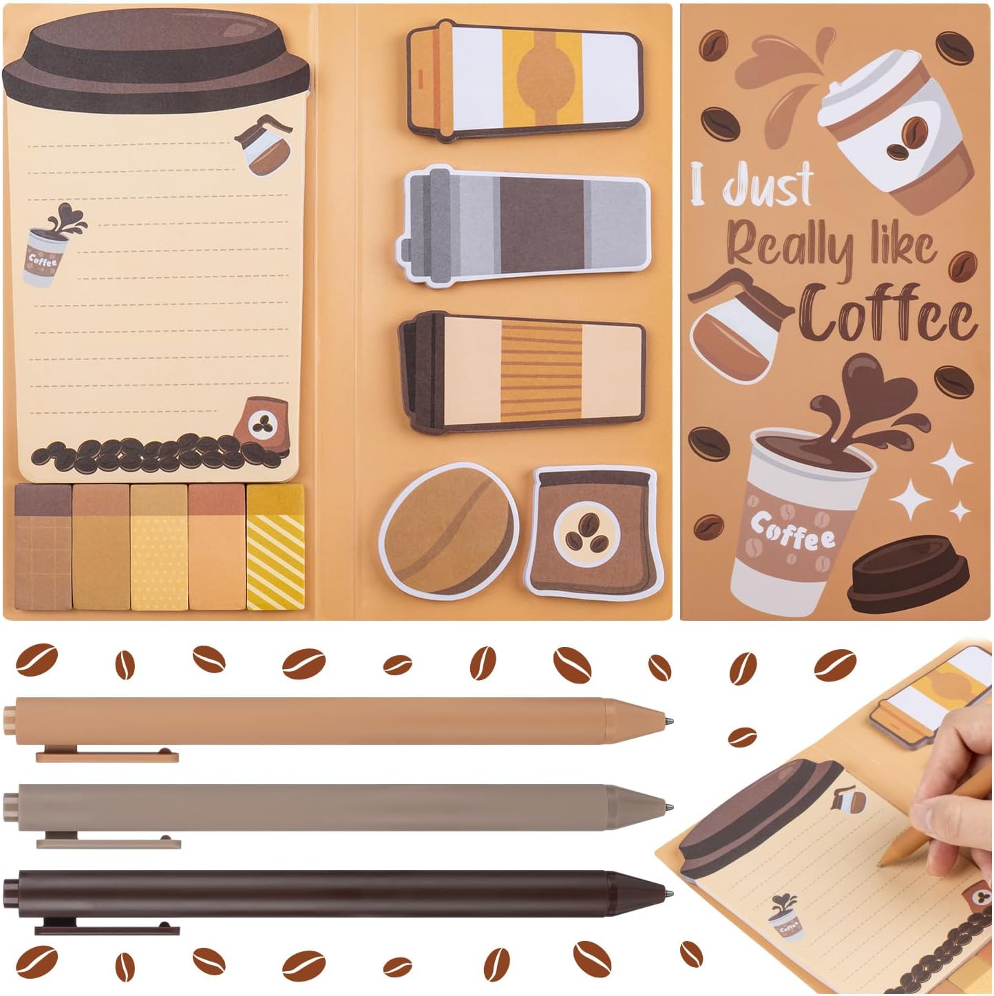 Coffee Themed Gifts for Coffee Lovers, Coffce Sticky Notes Pads with 3 Ballpoint Pens, Self-Stick Notes Pads Animal Divider Tabs Bundle Writing Memo Pad Back to School Office Supplies (550PCS)