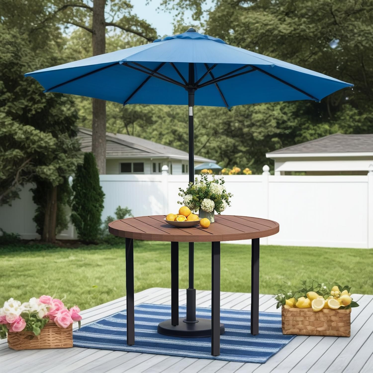 All-Weather 42" Round Outdoor Patio Table for 4, Metal Walnut Dining Table with Adjustable Umbrella Hole, Garden, Backyard & Deck Bistro Table