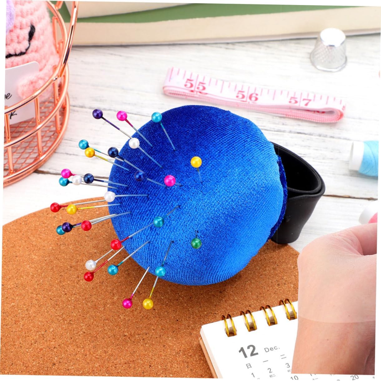 Gadpiparty 2pcs Wrist Pin Cushion Bracelet Luxurious Holder for Sewing Crafting Embroidery Portable Slap Band Design Blue and Gold Cotton