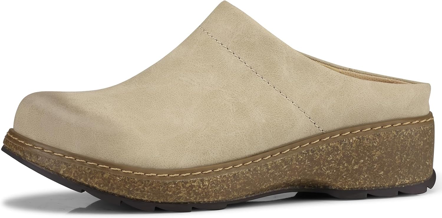 SHIBEVER Clogs for Women Mules Shoes Leather Slip On Clog Closed Toe Comfortable Mules Beige Size 9.5