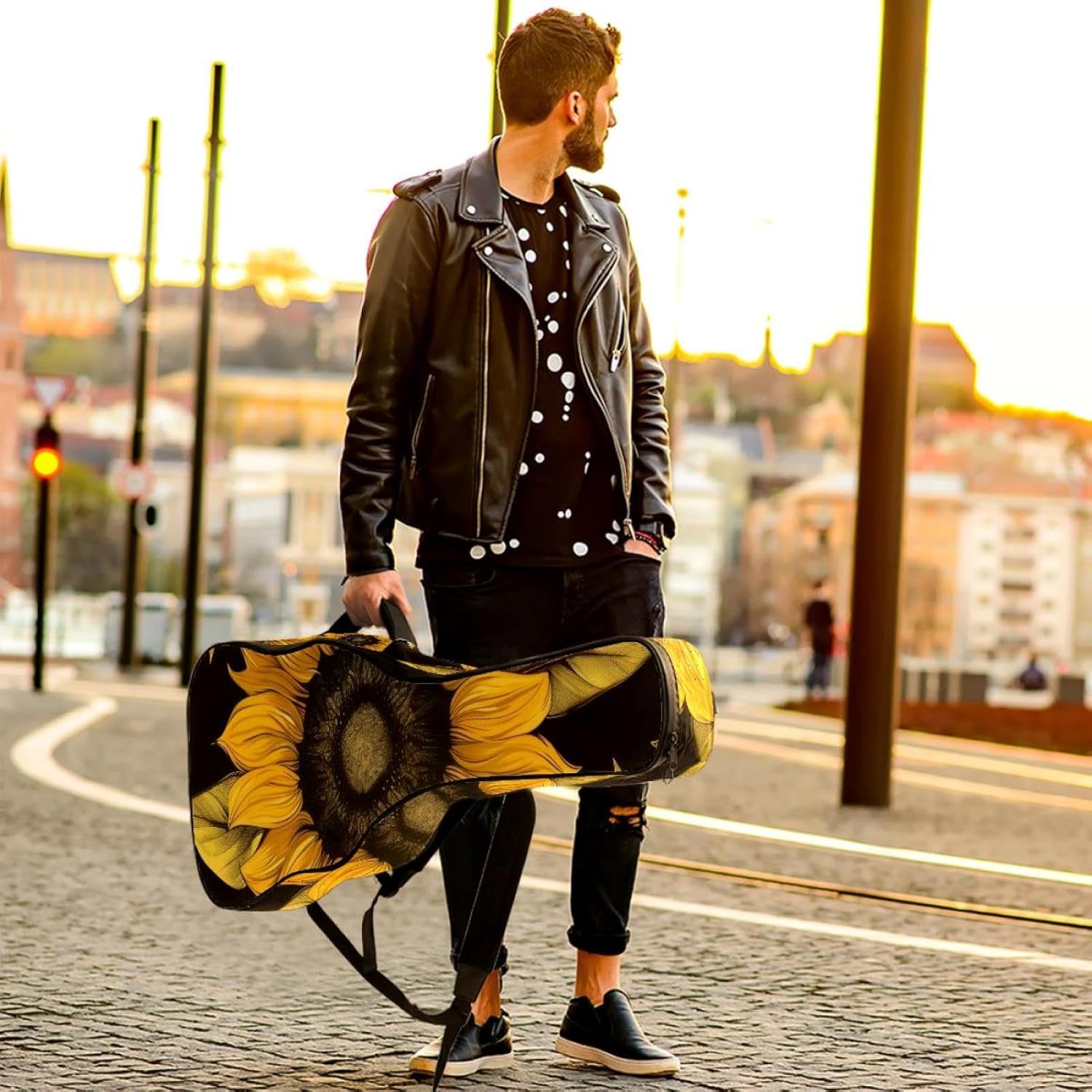 Acoustic Guitar Bag 0.4 Inch Thick Padding Waterproof Guitar Case Gig Bag for 40 41 42 Inch Electric Bass Classical Guitar, Yellow Abstract Sunflower Black Background
