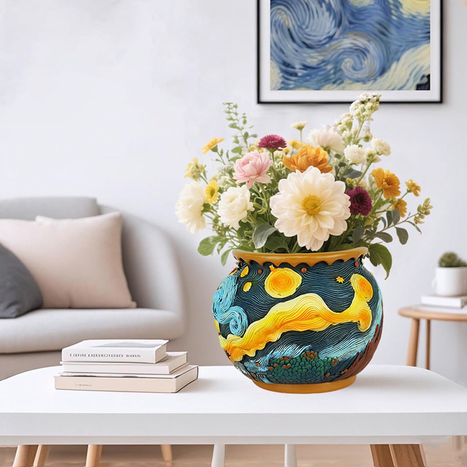 Starry Night Planter Pot Unique Acolorful Art Flower Pot for Indoor Plants Handmade Resin Vase for Home Decor with a Drainage Hole