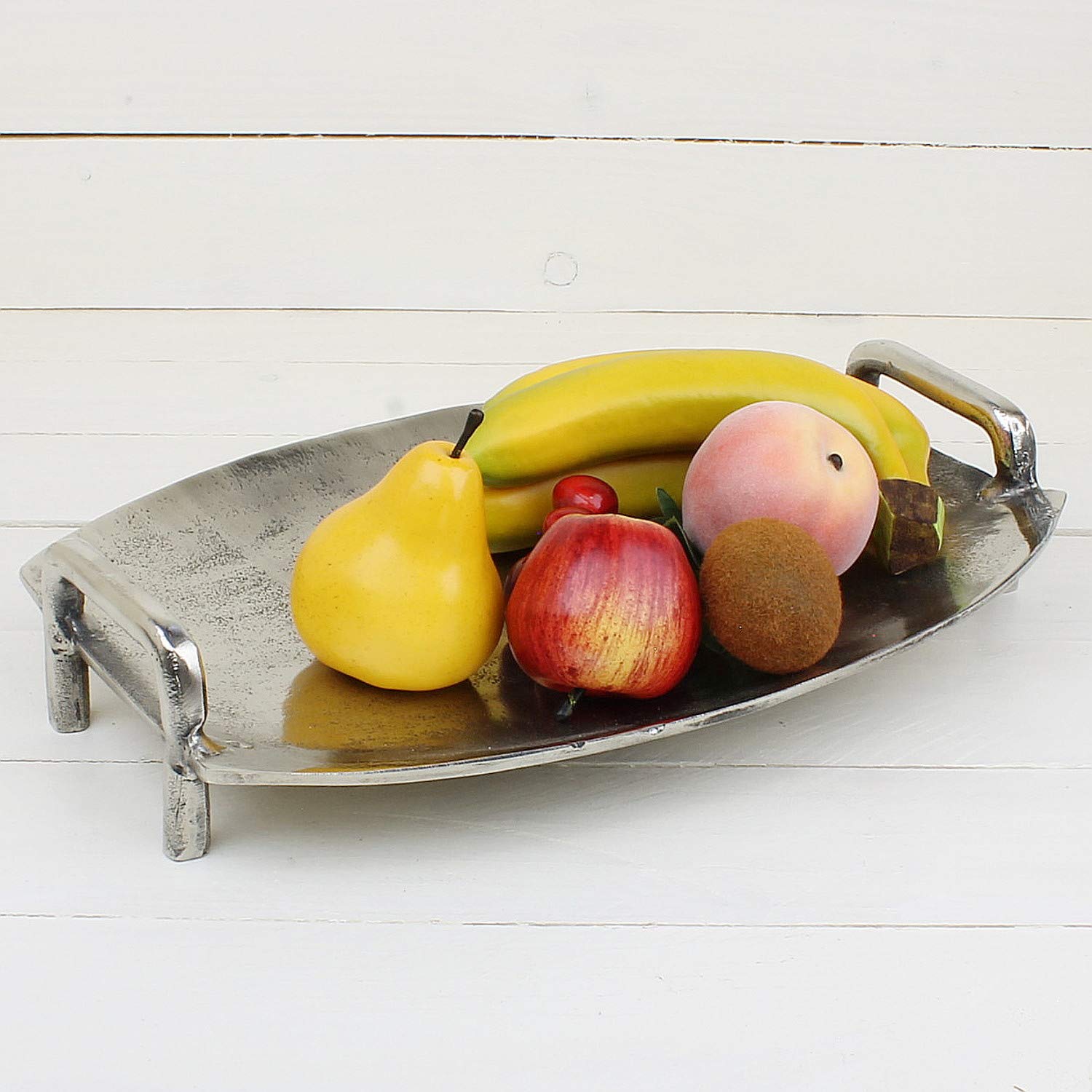 MACOSA LC191066 Hochwertiges Deko-Tablett mit Griffen Silber oval Aluminium Tisch-Dekoration Kerzenteller Servierplatte Obsttablett Wohn-Accessoire (L)