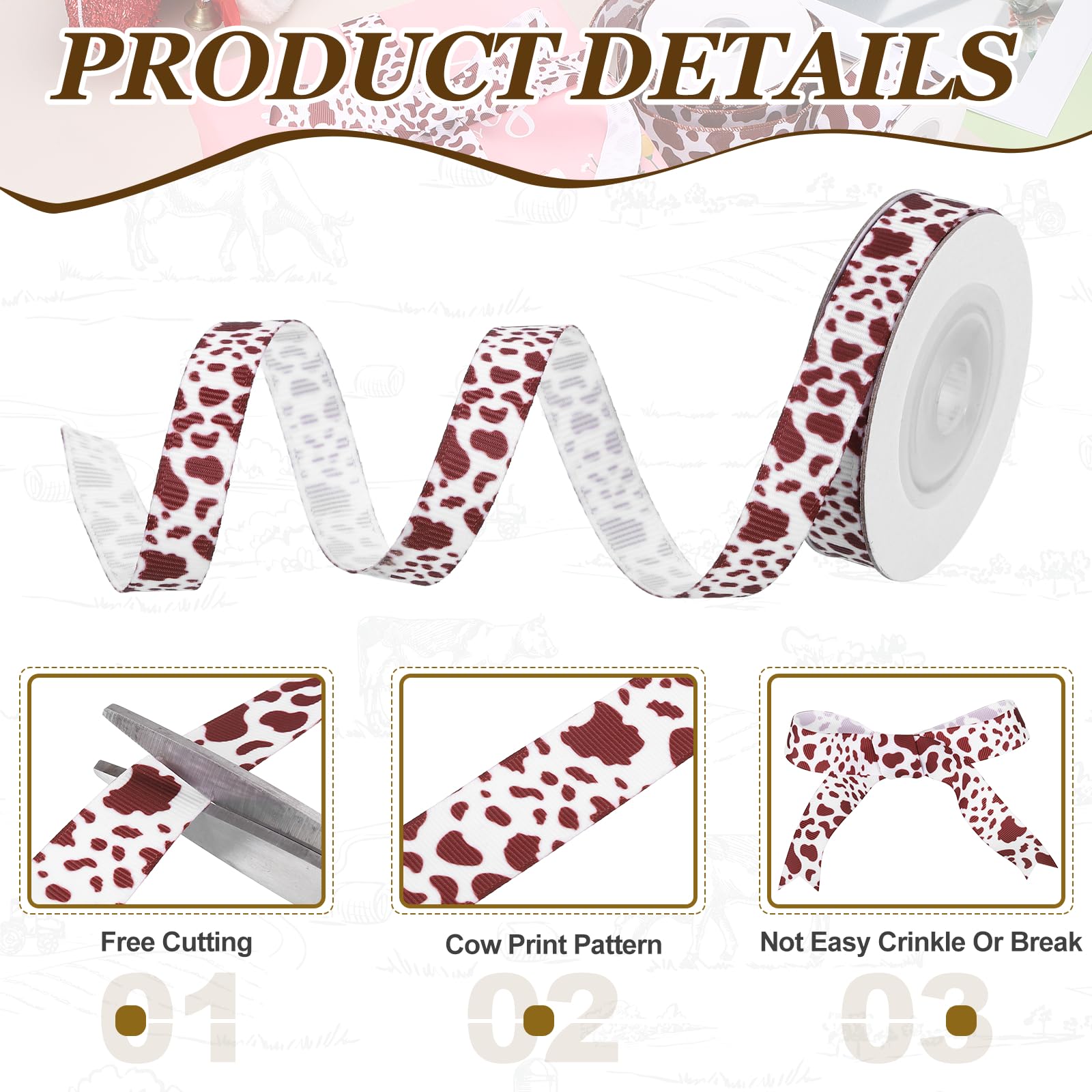 PATIKIL 25 Yards Ribbon for Gift Wrapping 1pcs 10mm(3/8inch) Cow Print Ribbons for Crafts Thin Ribbon for Wedding Decoration Gifts Home Coming-Mum Hat Bow - Image 3