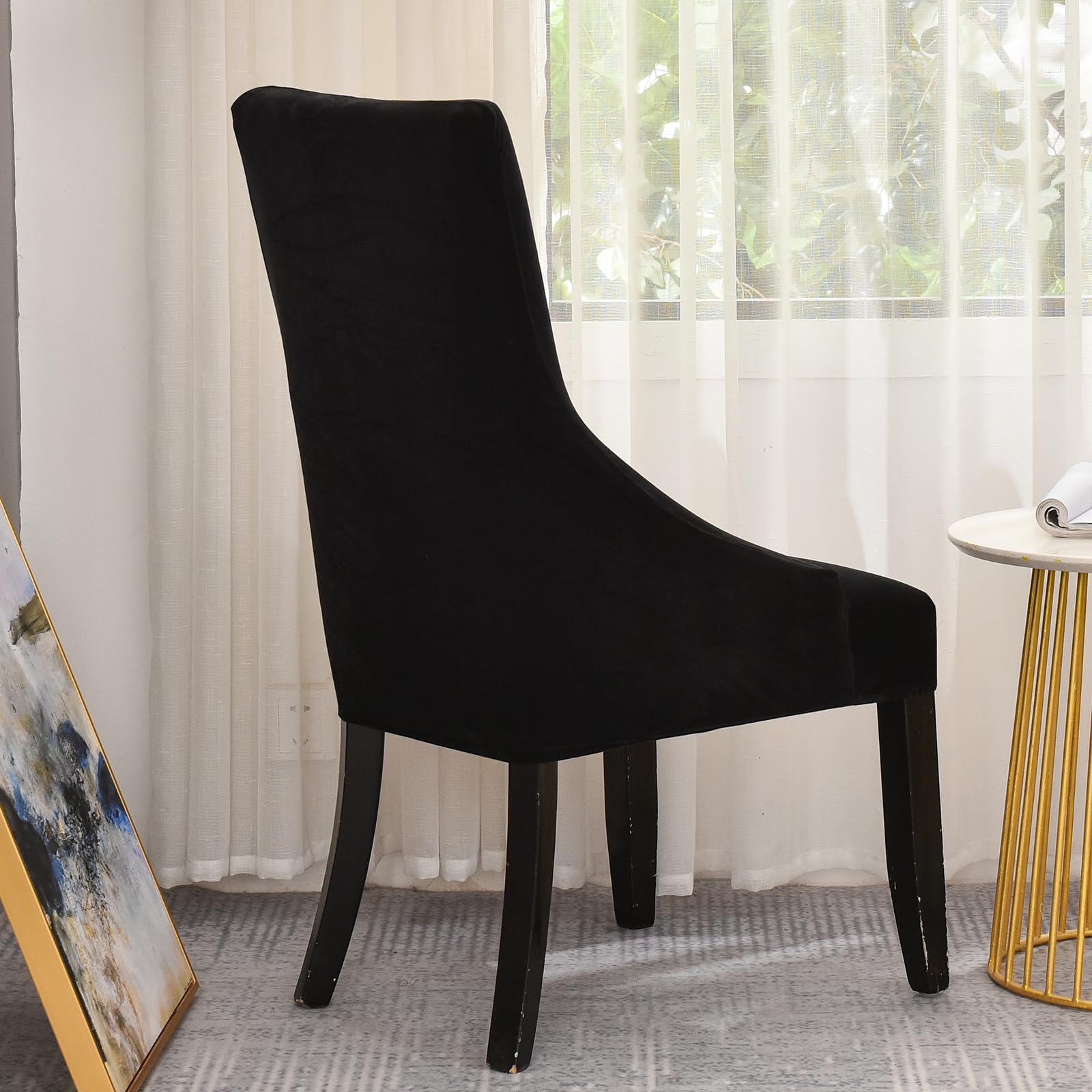 Stuhlhussen für Esszimmerstühle, Samt, Flügelrückseite, Seitenstühle, mit elastischer Unterseite, für Bankett zu Hause, 2 Stück, Schwarz, 2 Stück