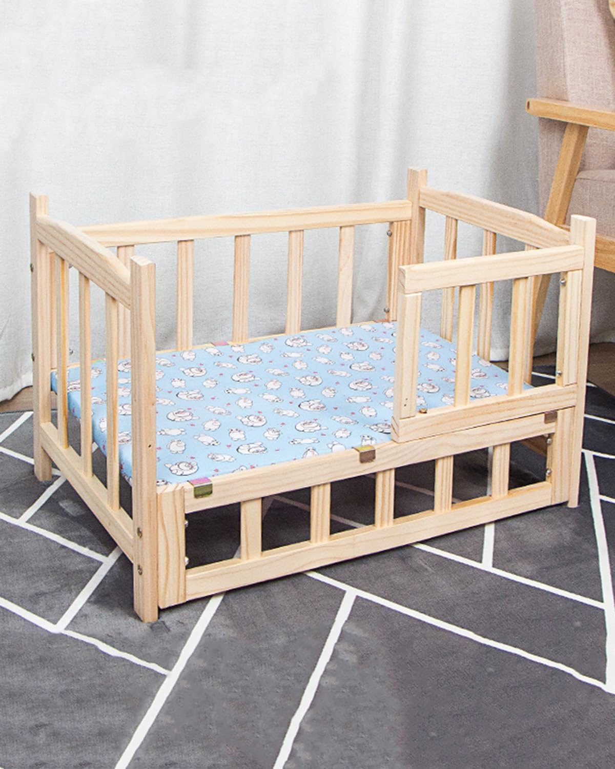 Anti-Slip Wood Raised Dog Bed Off The Ground, Durable Waterproof Pet Cot with Rails, All-Season Cat Furniture Bed for Small/Medium/Large Pets (Color : 1-with Bedding, Size : M-75 * 50 * 42cm) ( (Wi