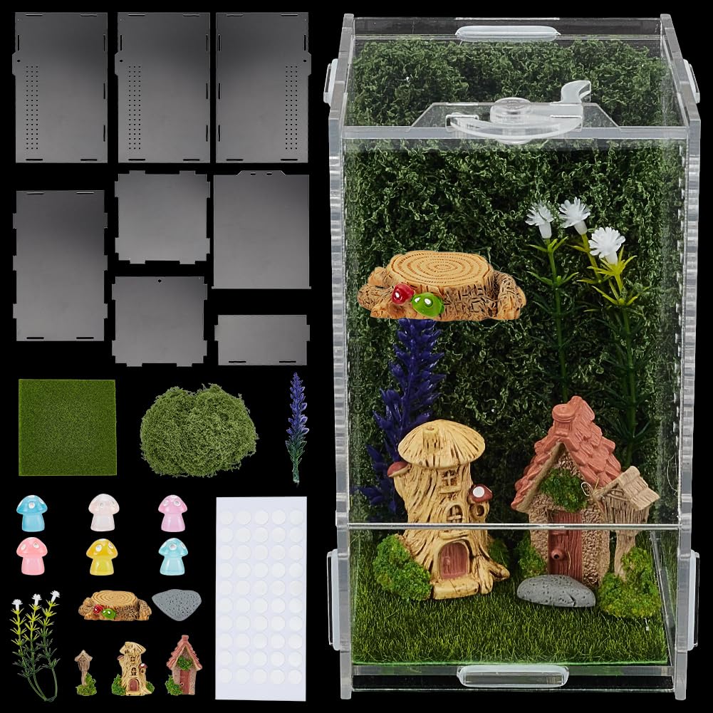WEBEEDY Jumping Spider Enclosure Kit DIY Insects Habitat, Small Reptile Terrarium Praying Mantis Terrariums Acrylic Terrarium with Complete Habitat Decor for Jumping Spiders & Insects, 8x8x15cm